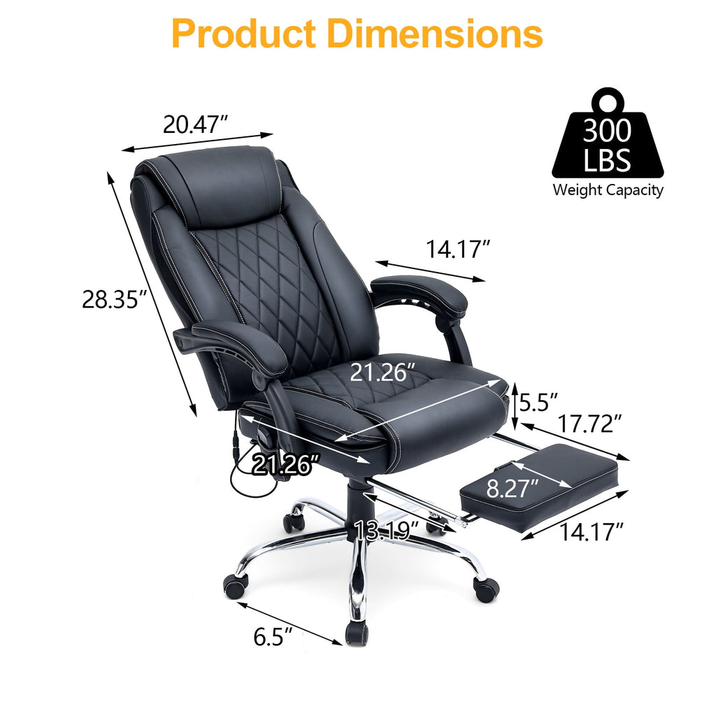 HOMREST Ergonomic Office Chair with 6-Point Massage & Heating, Adjustable Executive Desk Chair with Retractable Footrest, PU Leather Home Office Desk Chair for Home & Office (Black)