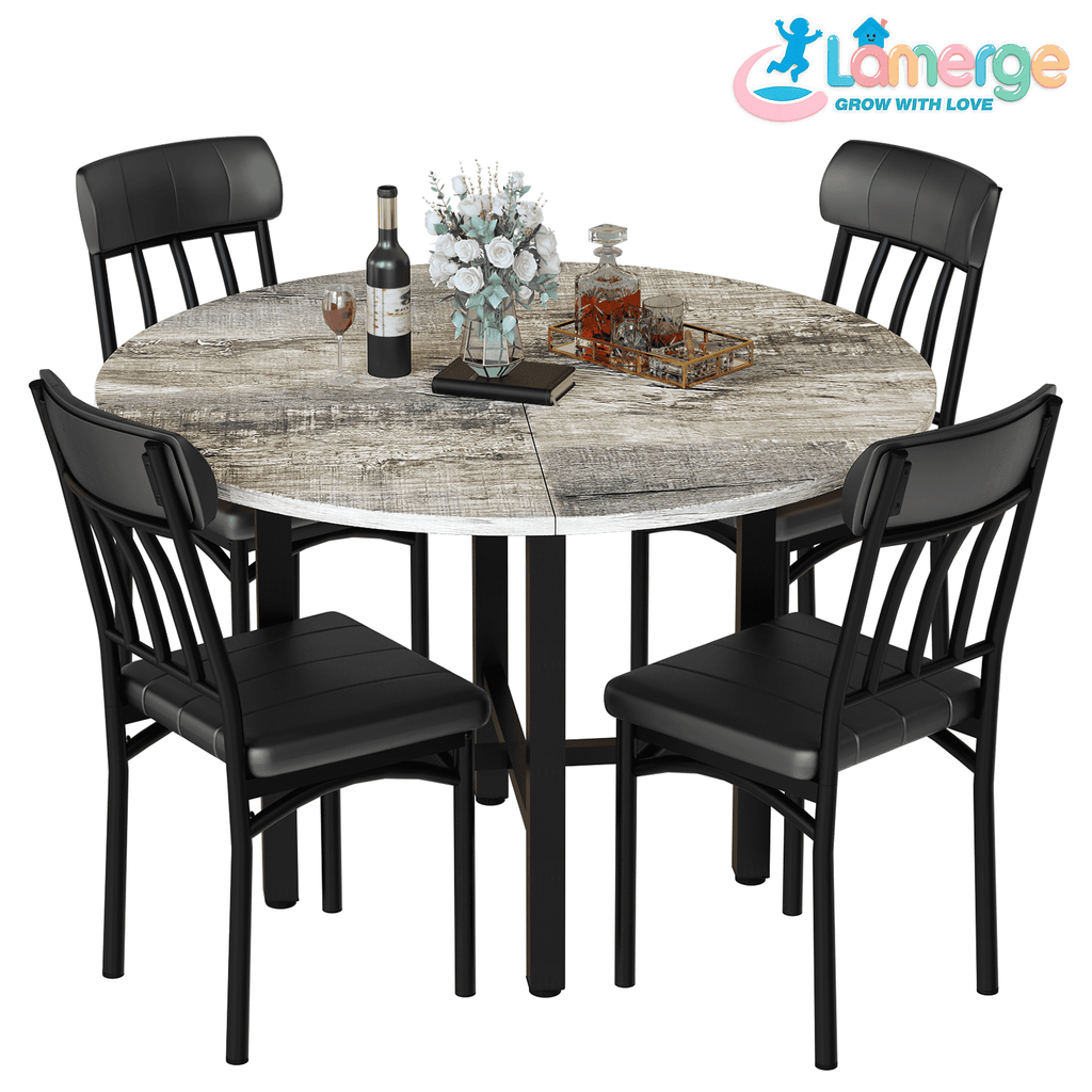 Lamerge Round Dining Table Set for 4,Wood Round Kitchen Table and Chairs Set for 4,Modern Dining Room Table Set with 4 Faux Leather Chairs,Round Dinner Table for Small Space,Brown