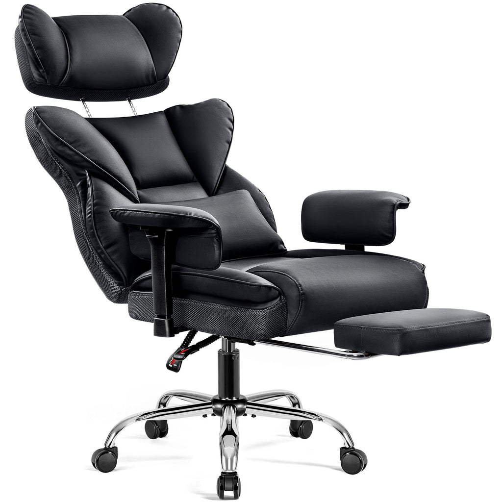 COOLHUT Big and Tall PU Leather Office Chair with Adjustable Headrest & Footrest, Executive Computer Desk Chair with 3D Adjustable Padded Armrest, Ergonomic Office Chair with Lumbar Support, Black