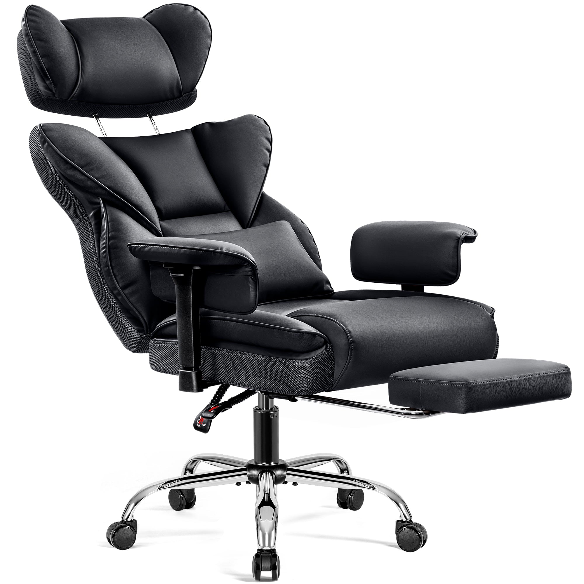 COOLHUT Big and Tall PU Leather Office Chair with Adjustable Headrest & Footrest, Executive Computer Desk Chair with 3D Adjustable Padded Armrest, Ergonomic Office Chair with Lumbar Support, Black