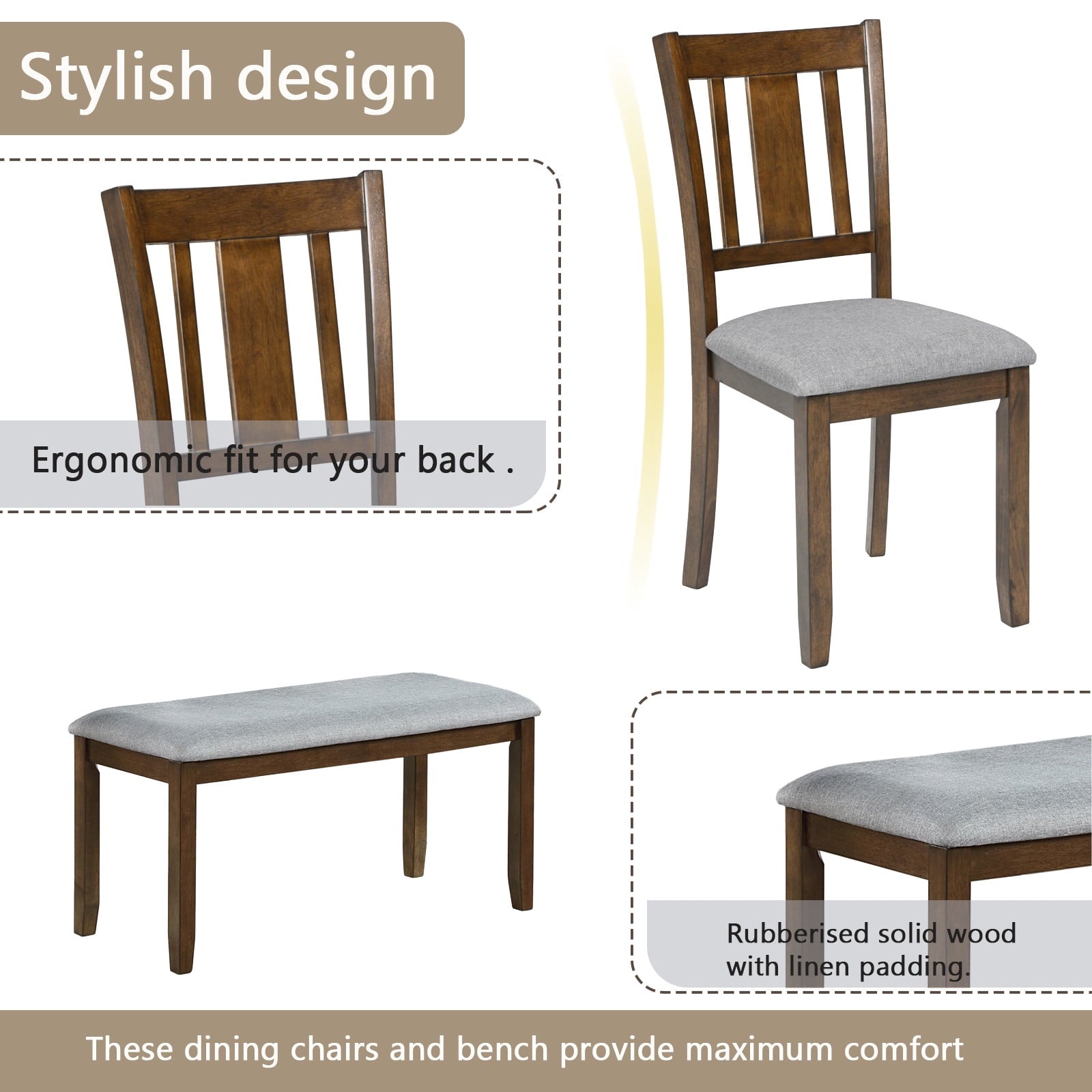 Dining Room Set, LEGAHOME 6 Piece Dining Sets with Bench and Chairs, Solid Wood Kitchen Dining Table Set for 6 with Upholstered Chairs, Gray