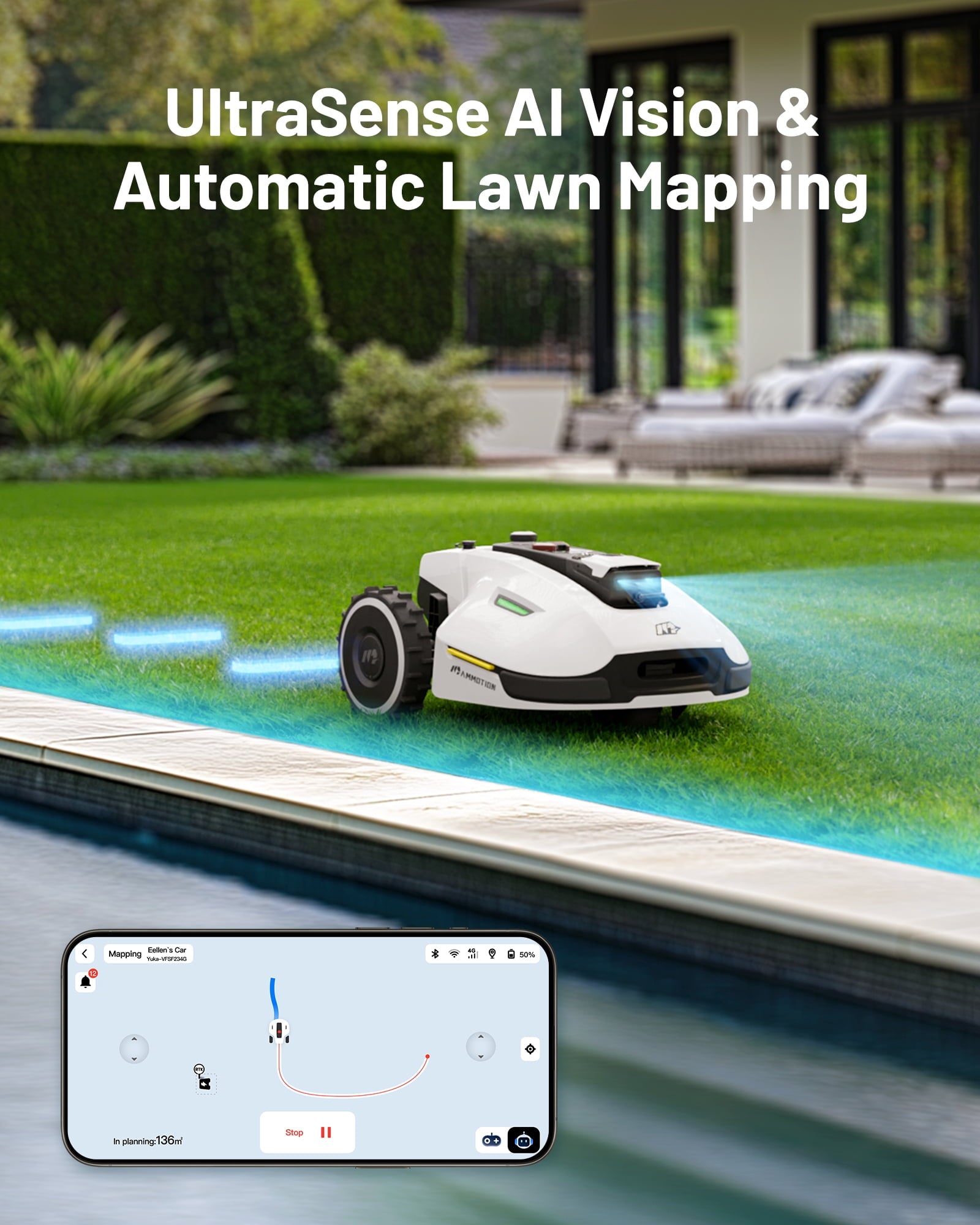 Mammotion YUKA 3000 Robot Lawn Mower, Auto Mapping, AI Obstacle Avoidance, Reception 0.75 Acre, Max 1 Acre, Dual Cutting Discs, APP Control, with 4G