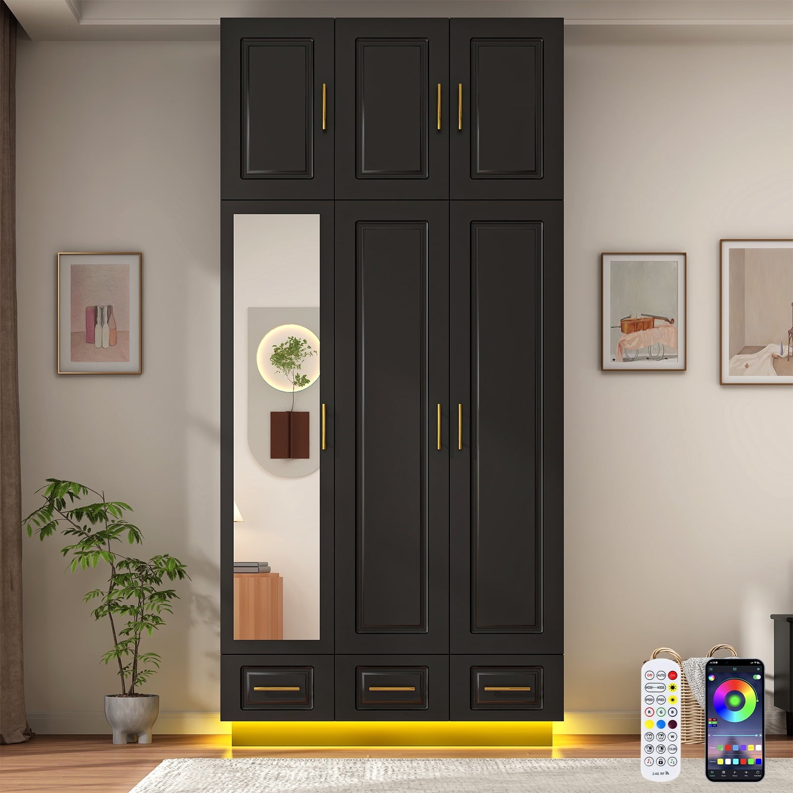 ChVans 3 Door Armoire Wardrobe Closet with Top Cabinet and Mirror, 94.5'' LED Wardrobe Armoire with 3 Drawers, Hanging Rod & Multi-Layer Shelves for Bedroom, Black