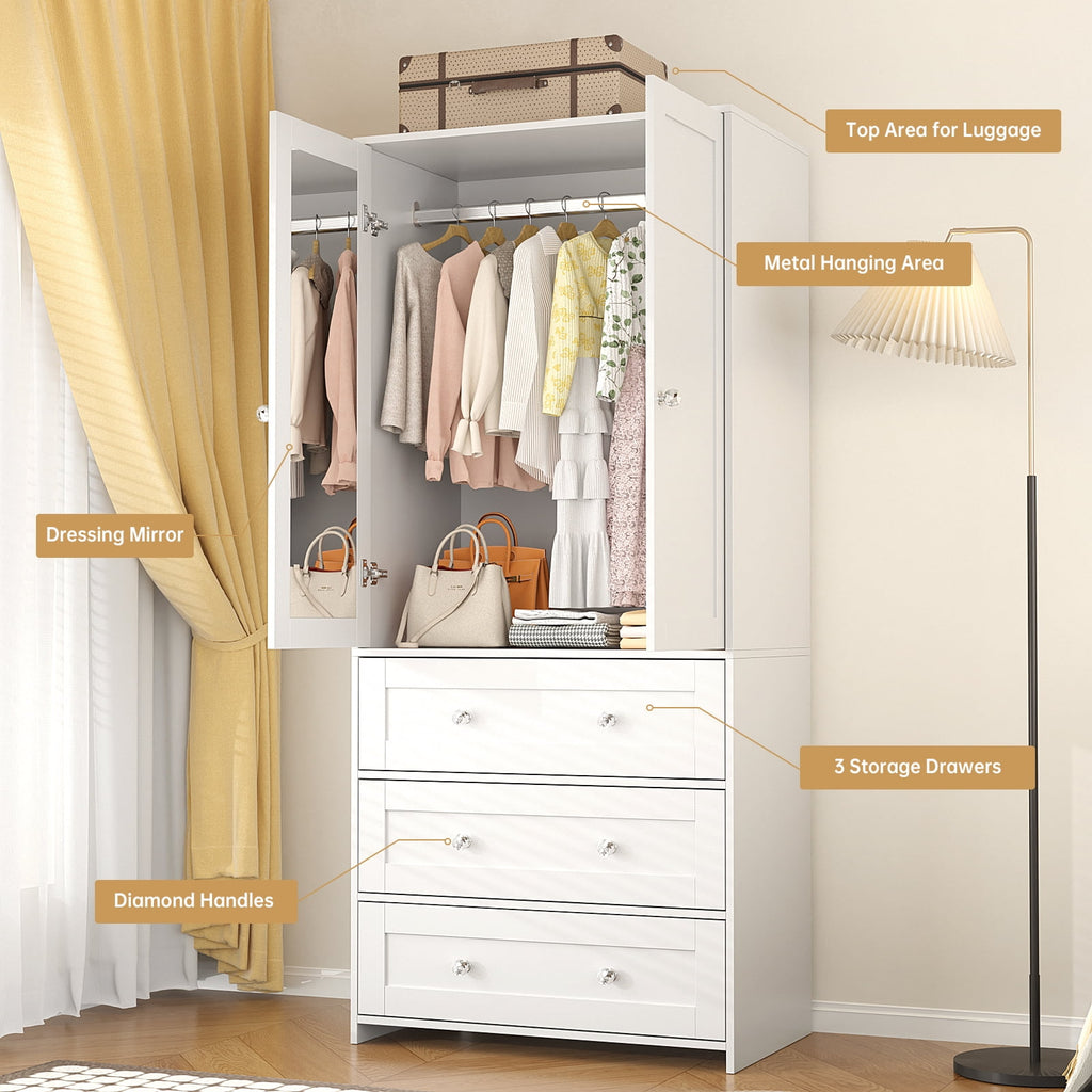 Richya Wooden Freestanding Wardrobe Closet Cabinet with 3 Drawers,Modern Wood Closet Storage Cabinet for Bedroom