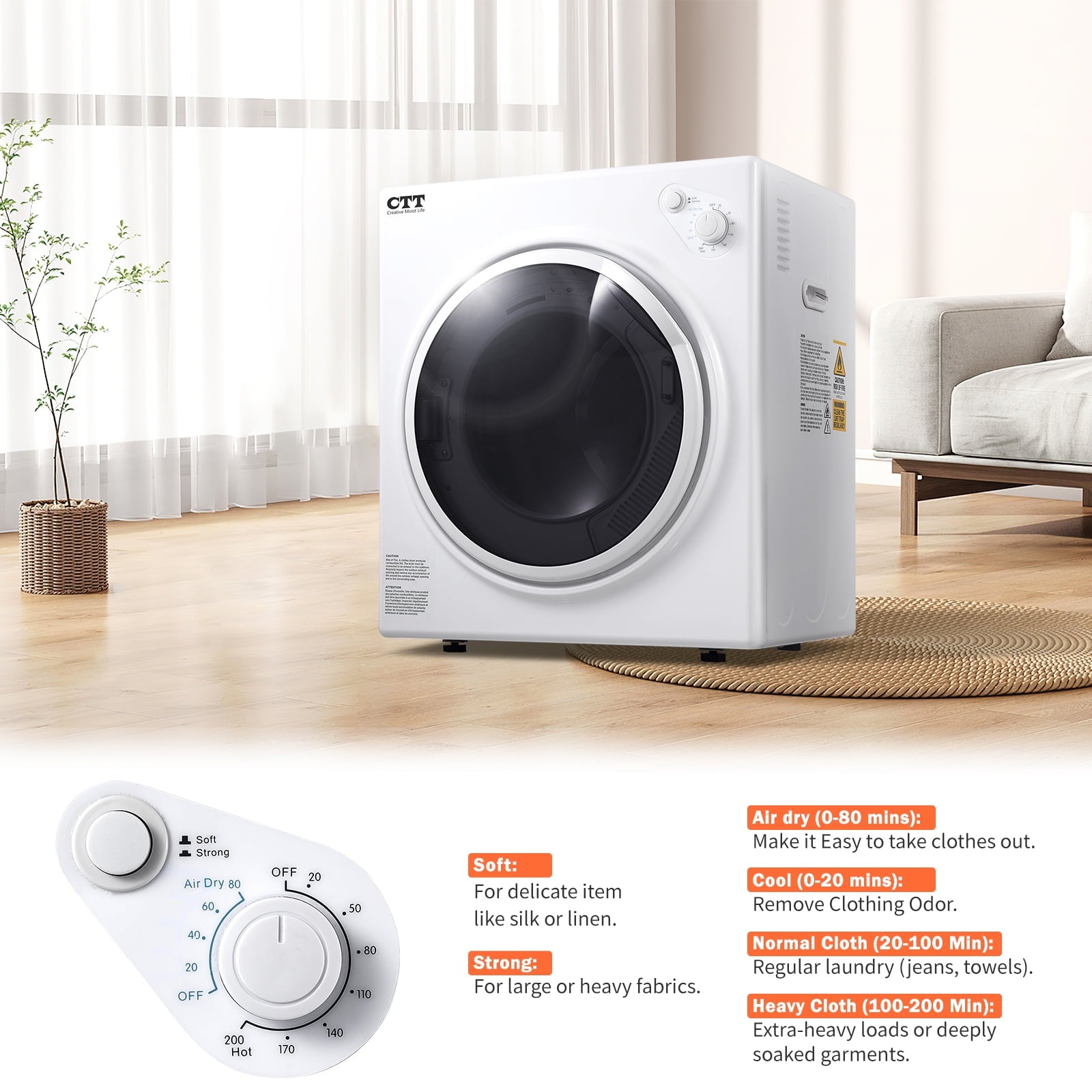 CTT 1500W Portable Clothes Dryer 3.5 cu.ft, 110V Portable Dryers for Laundry with  4 Drying Mode, Apartments, RVs, Dorms
