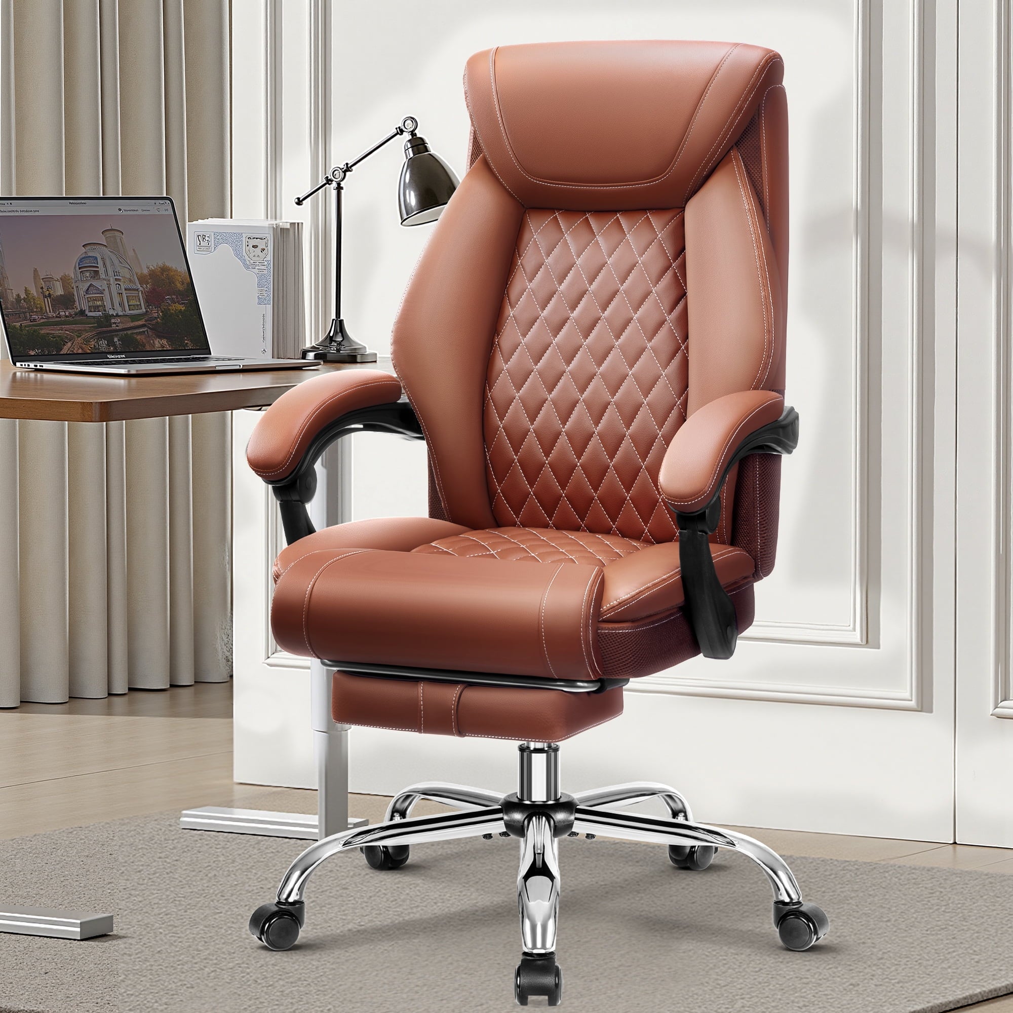 FASTES Ergonomic Office Chair, Big and Tall Leather Desk Chair with Footrest and Lumbar Support, 2-Position Reclining Executive Computer Chair, Black