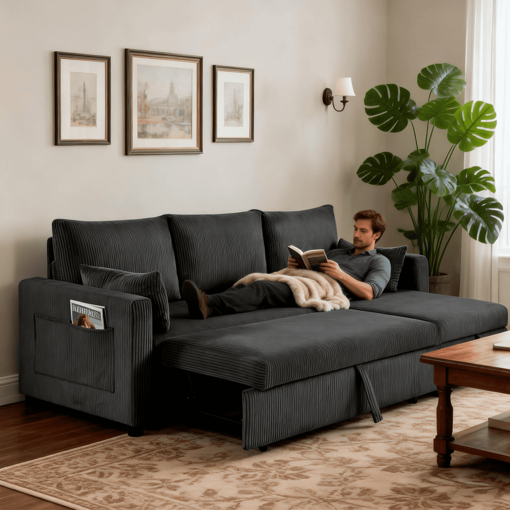 BSHTI L-Shaped Pull-Out Sleeper Sofa Bed with Storage Chaise, 3-Seater Convertible Corduroy Sectional Couch, Solid Wood & Iron Frame, Black
