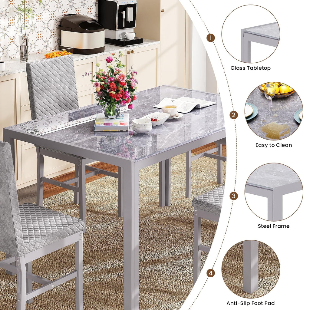 Baxluxe Dining Table Set for 4, Modern 5 Piece Dining Table Set, Faux Marble Kitchen Table and 4 Velvet Upholstered Chairs for Apartments, Dining Rooms, Small Spaces, Gray