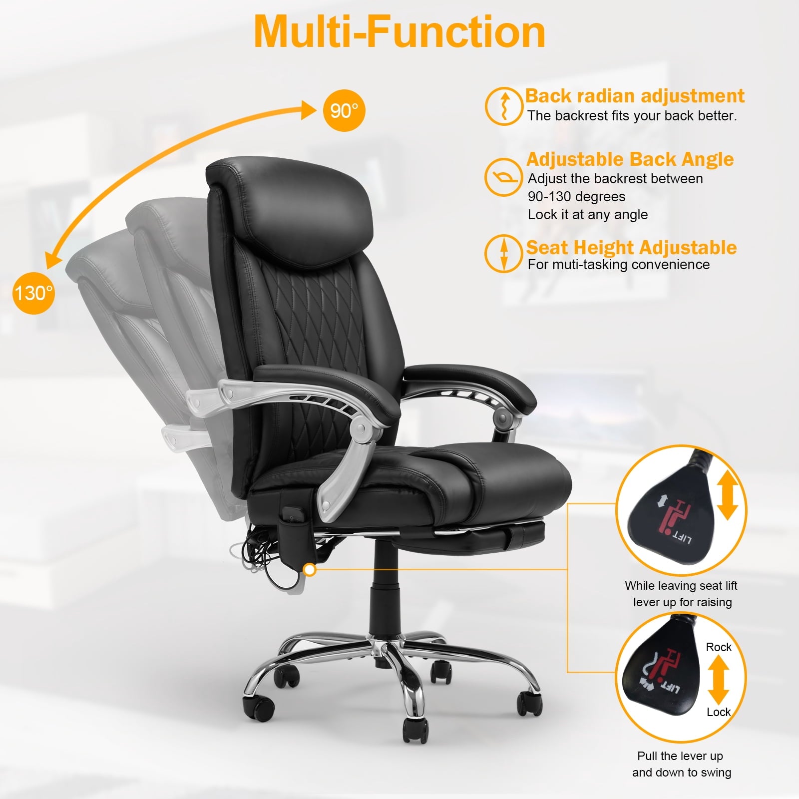 HOMREST Ergonomic Office Chair with 6-Point Massage & Heating, Adjustable Executive Desk Chair with Retractable Footrest, PU Leather Home Office Desk Chair for Home & Office (Black)