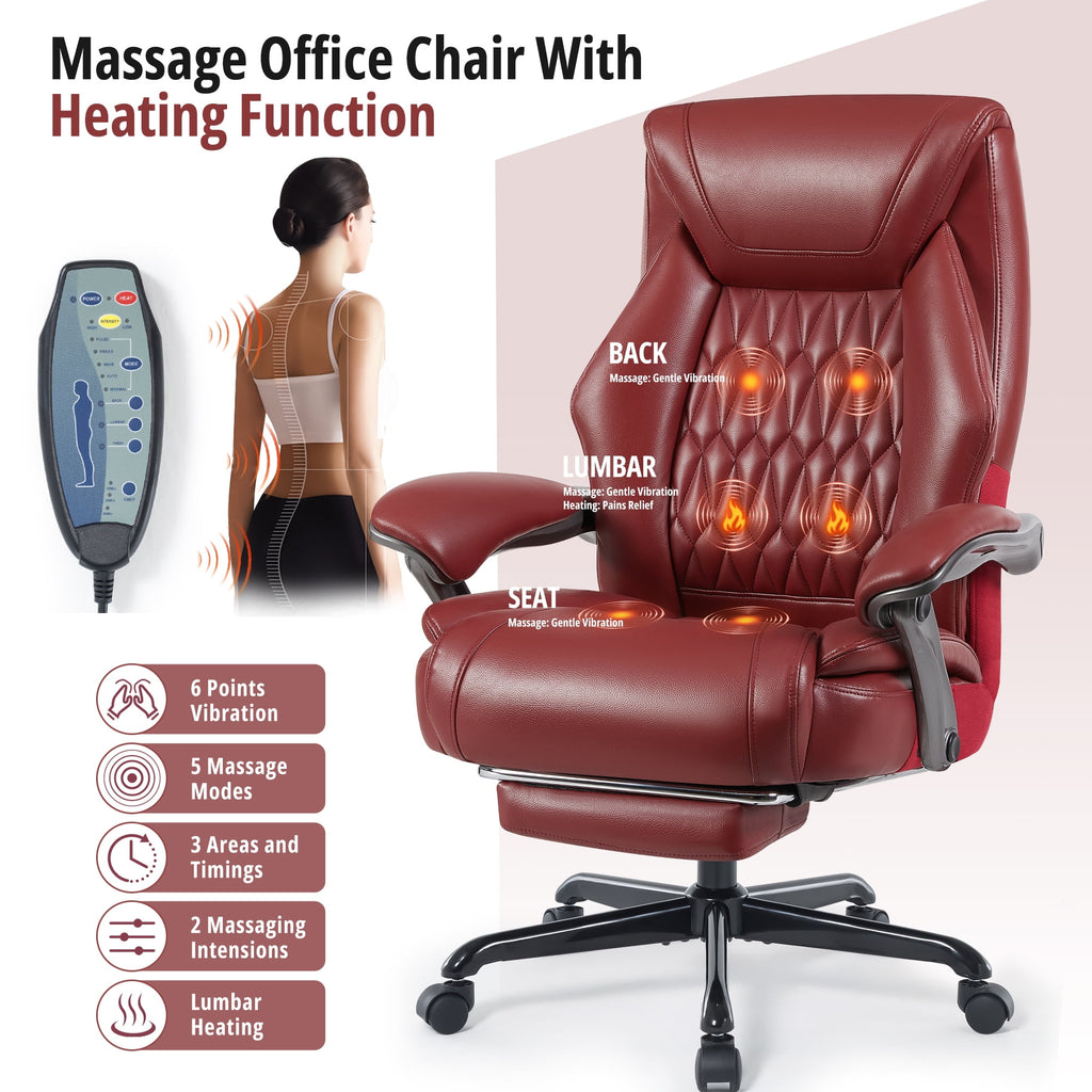 Heated Massage Office Chair with 6 Points Vibration, Reclining Ergonomic Desk Chair with Footrest for Extra Comfort, PU Leather High Back Executive Computer Chair, Thick Padded Massage Chair
