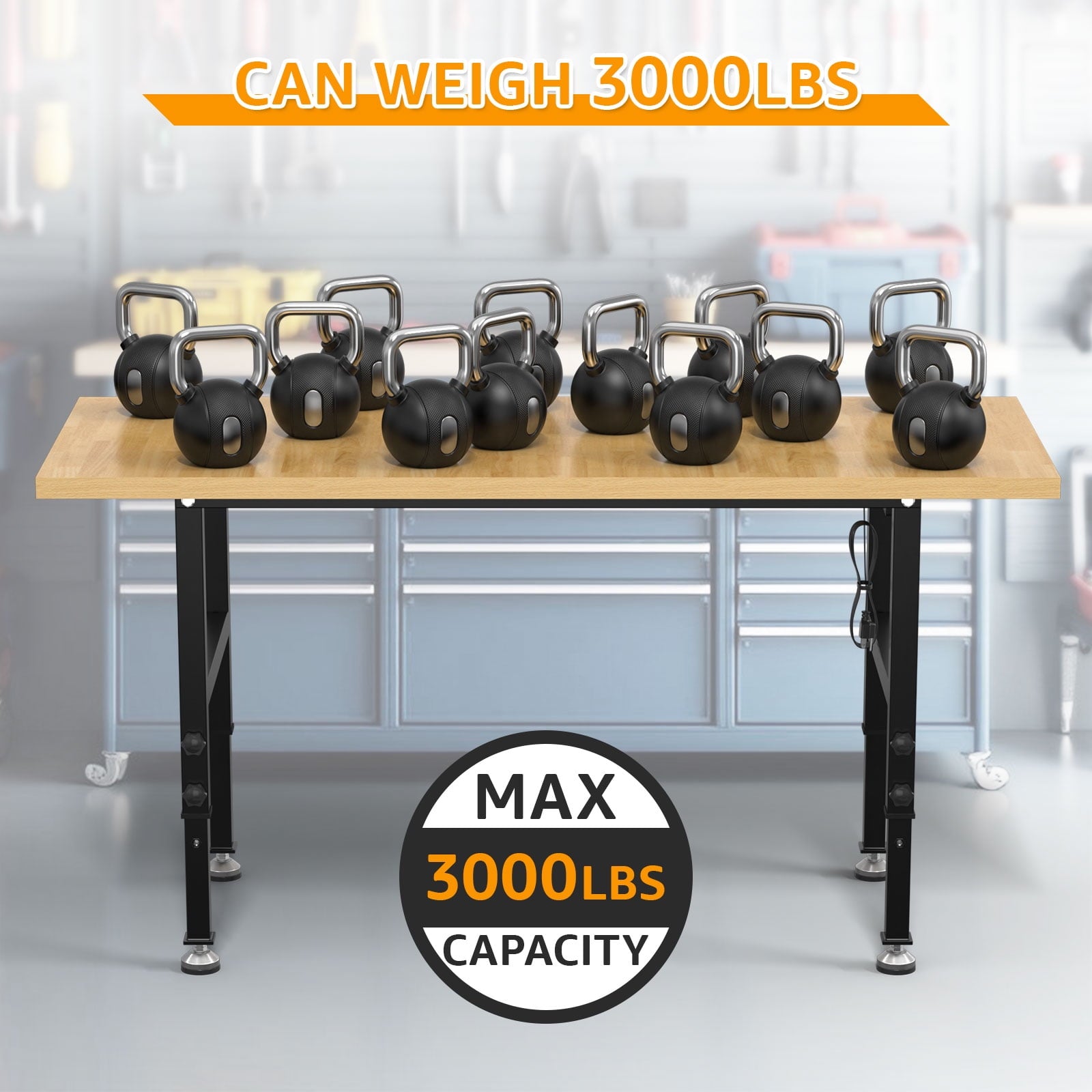 60 Adjustable Workbench,Heavy-Duty Work Table,3000 LBS Load Capacity Hardwood Workstation Outlets with Power strips and Wheels,for Workshop, Garage