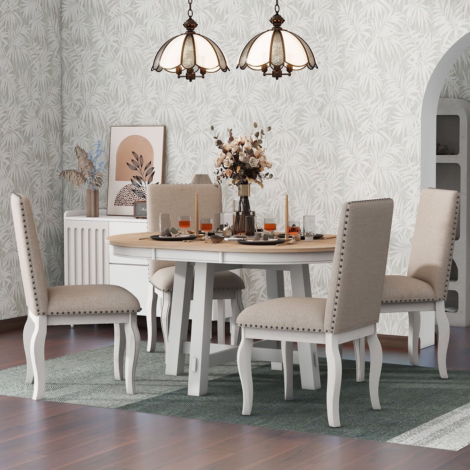 Harper & Bright Designs Extendable Dining Table Set for 4 Upholstered Chairs Functional Retro Style Table for Dining Room Kitchen, Natural Wood Wash