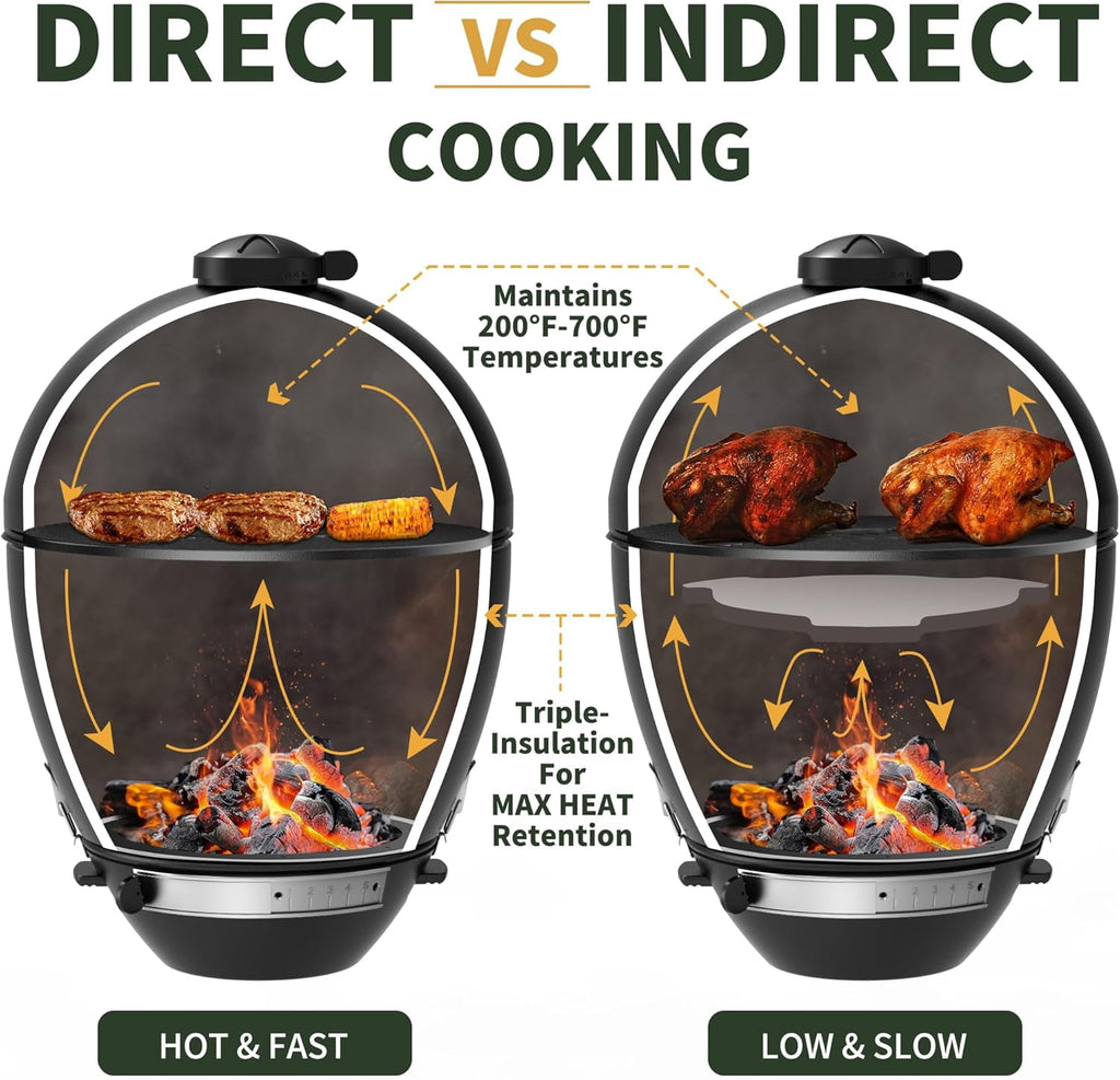 Brand Man 22 Kamado Charcoal Smoker Grill with Rolling Cart, Warming Rack, Pizza Stone & Vegetable Basket for Outdoor BBQ