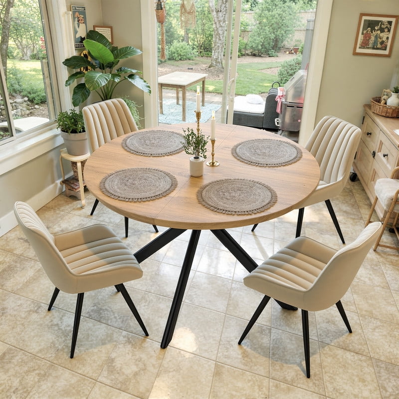 Hawsaiy 47 Round Dining Table for 4-6, Modern Farmhouse Kitchen Table with Metal Legs, Wood Circle Dinner Table for Kitchen & Dining Room, Walnut