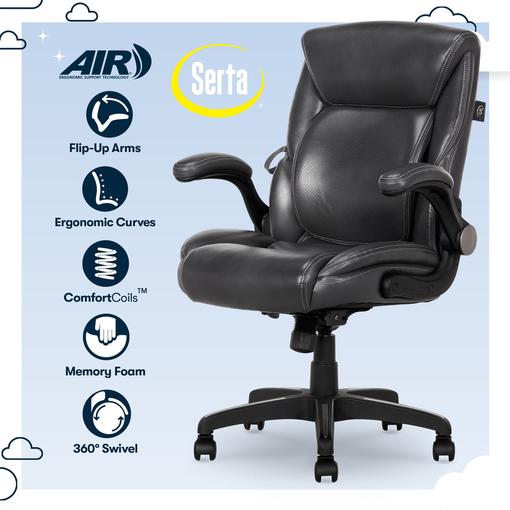 Serta Air Lumbar Bonded Leather Manager Office Chair, Gray Faux Leather