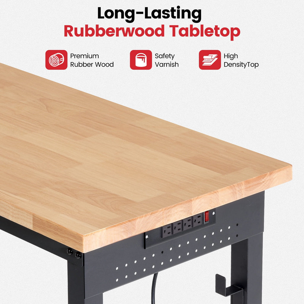 Workbench for Garage,ENJOYWOOD Heavy Duty 48 inch 2 Tier Wood Work Bench with Rolling Wheels and Power Outlets,Rubber Wood Tabletop,2000 LBS Load Bearing Workstation Garage Desk Table Worktable