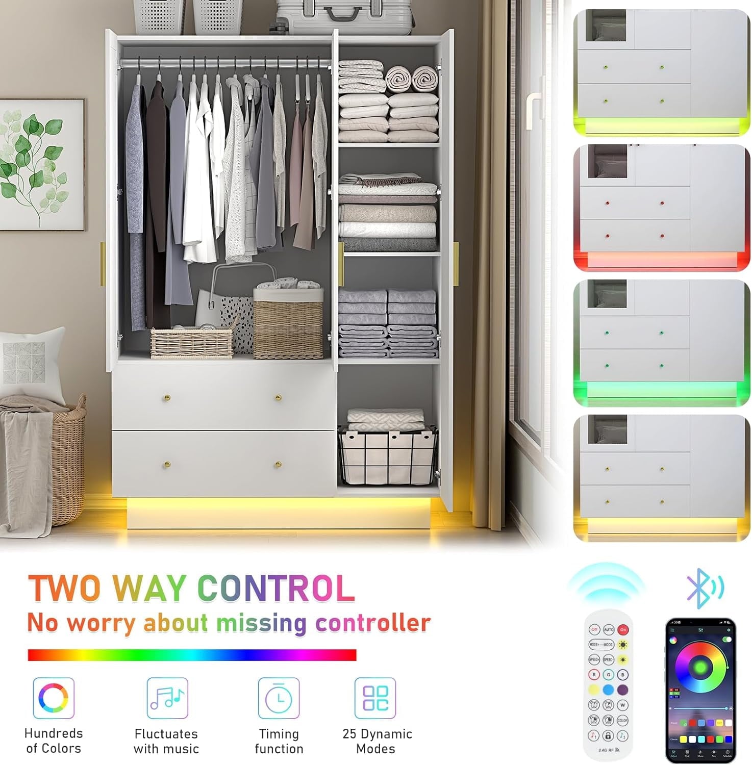 Blotout 70 Armoire Wardrobe Closet with Mirror, LED Wardrobe Armoire with 2 Drawers, 3 Door Wood Armoire Storage with Hanging Rods and Multi-Layer Shelves
