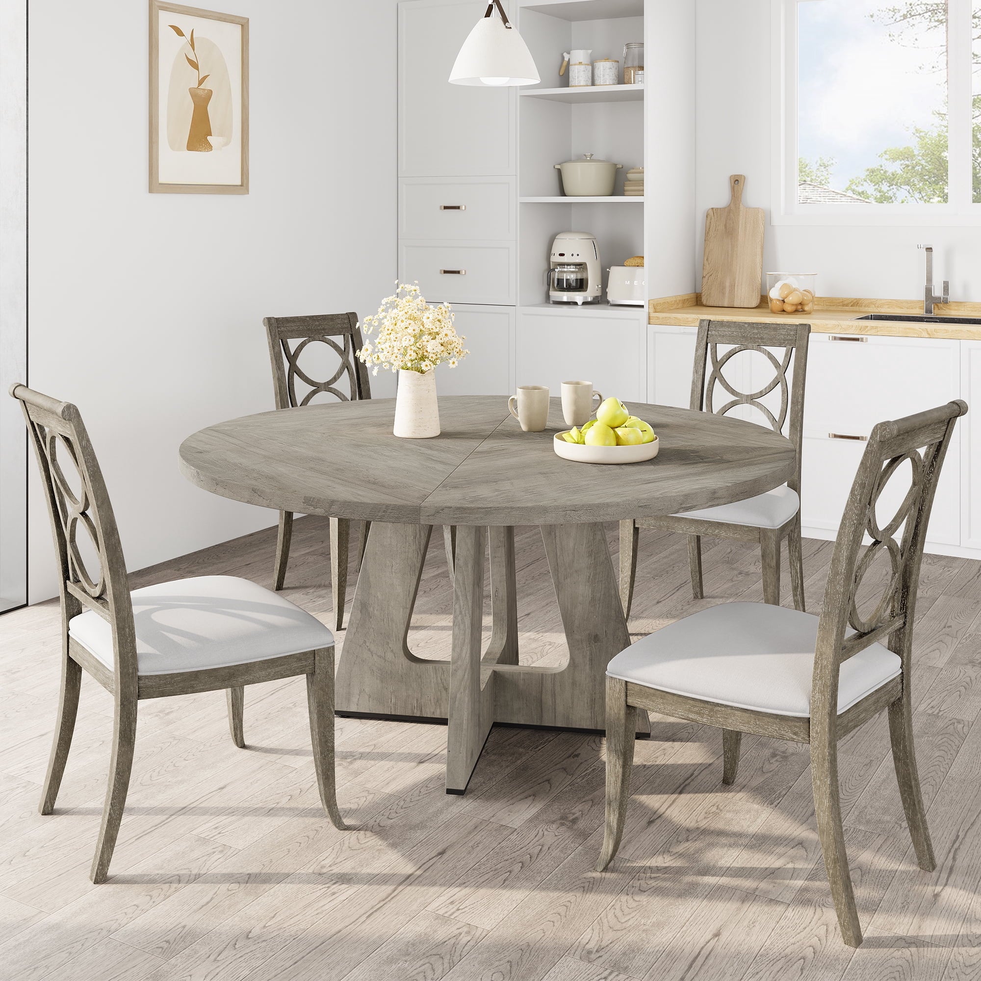 M optimized 47-Inch Round Dining Table, Wooden Kitchen Table for 4, Farmhouse Dinner Table with Wooden Top and Legs for Home Dining Room Living Room (Only Table)
