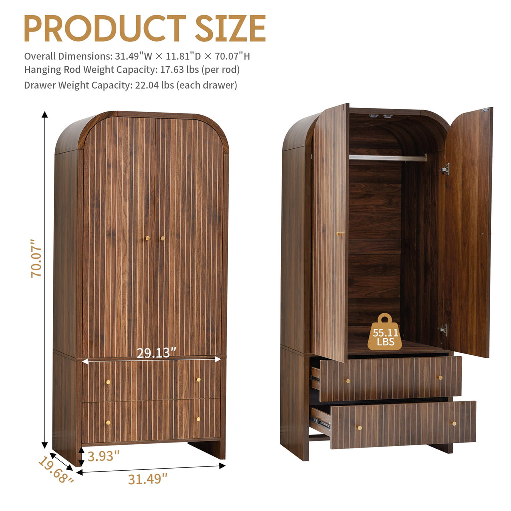 Wirrytor Freestanding Wooden Armoire Wardrobe with 2 Woven Doors and Storage Drawers, Space-Saving Closet Cabinet for Bedroom, Sturdy Mdf Board Closet with Hanging Rail