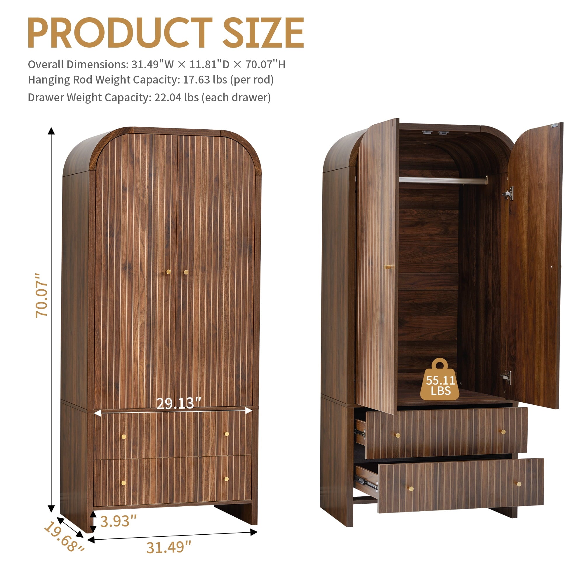 Wirrytor Freestanding Wooden Armoire Wardrobe with 2 Woven Doors and Storage Drawers, Space-Saving Closet Cabinet for Bedroom, Sturdy Mdf Board Closet with Hanging Rail