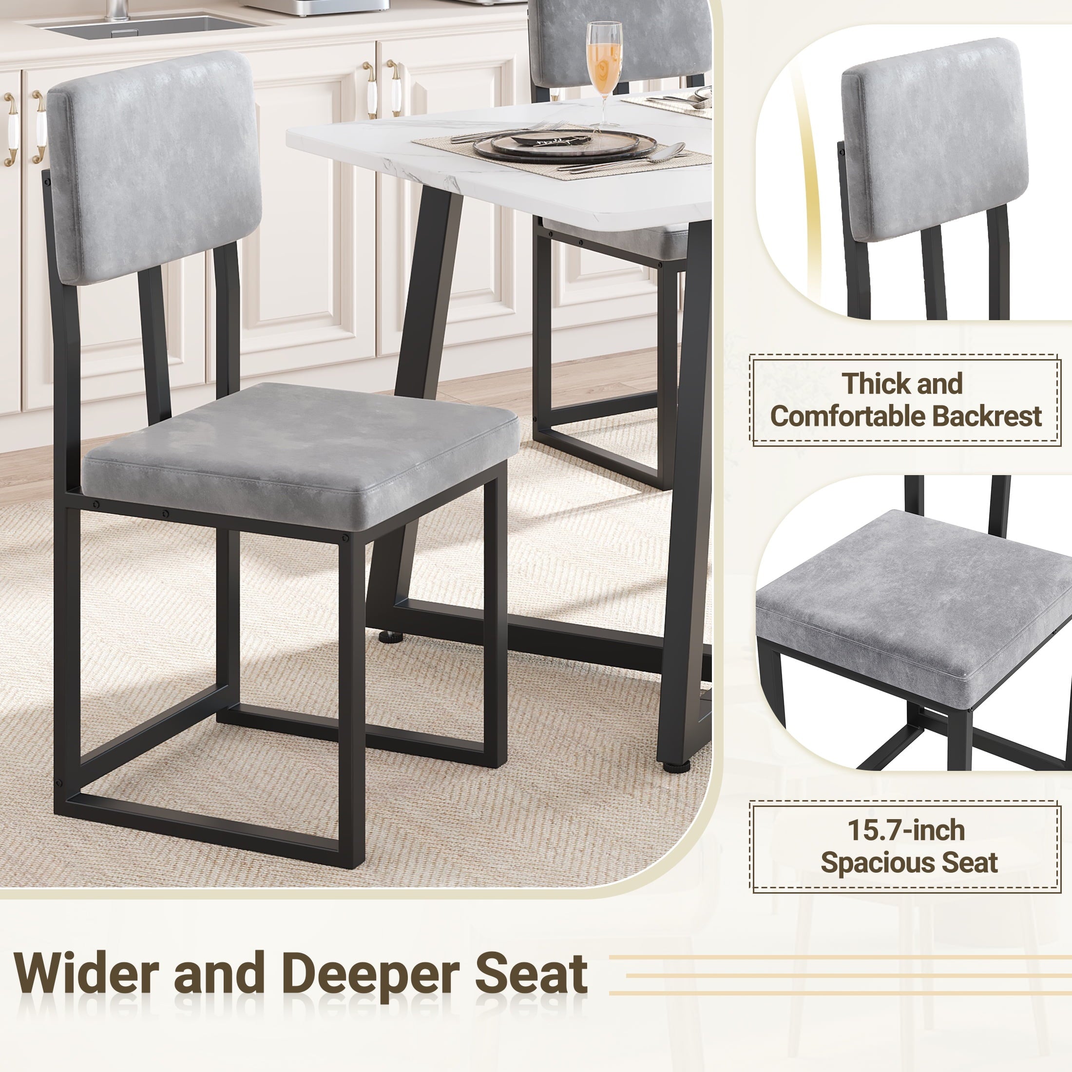 PORKISS 5 Piece Dining Table Set, Modern Faux Marble Tabletop and 4 Linen Upholstered Chairs, Rectangle Kitchen Table and Chairs for 4, White + Gray(Linen)