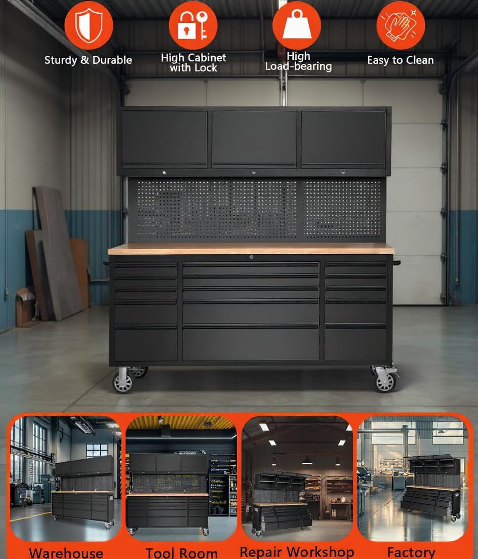 72-inch Rolling Tool Chest Cabinet Garage Workbench with 15 Storage Drawers and Wheels, 3 Upper Cabinet, Pegboard, Steel Large Tool Box for Garage Workshop, Matte Black