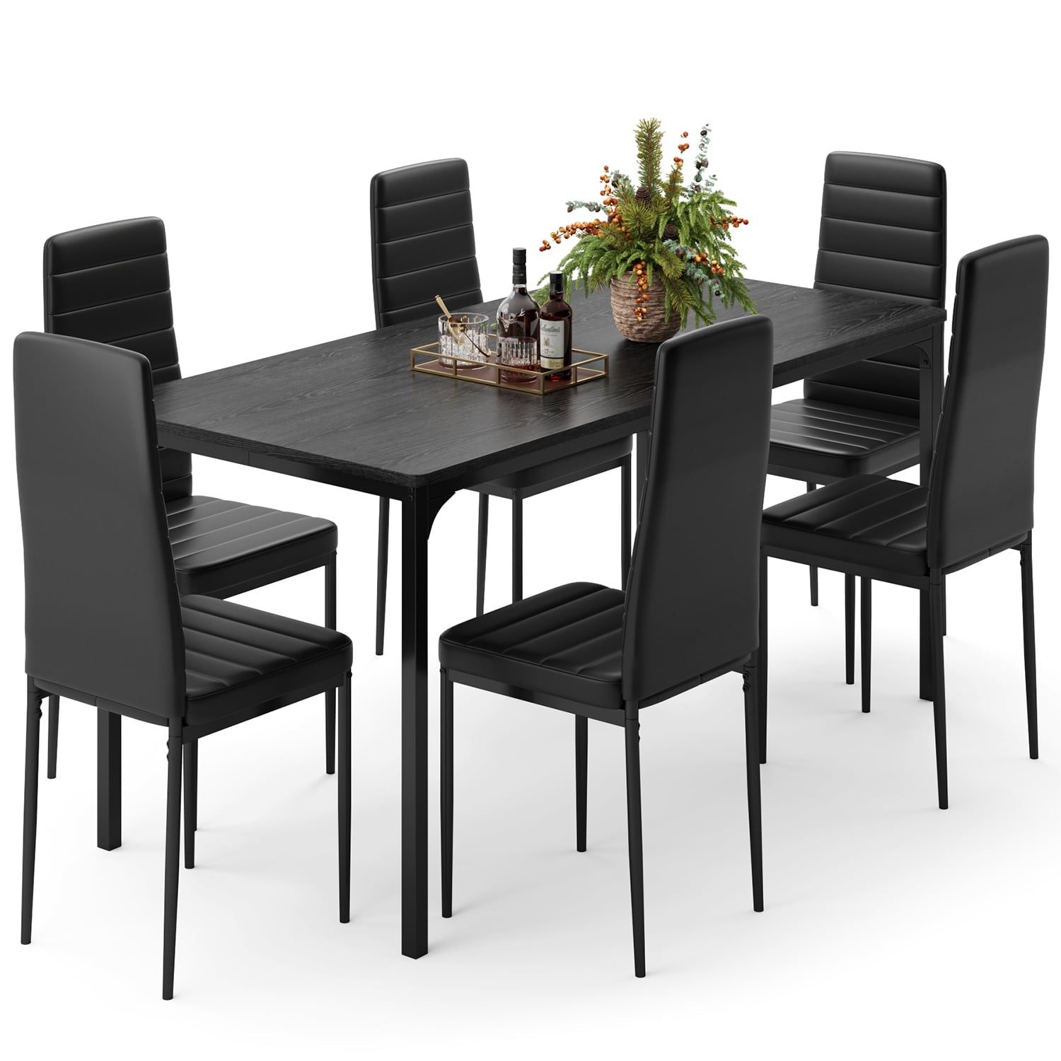 7 Piece Dining Table Set for 6, Kitchen Dining Room Furniture with 6 PU Leather Upholstered Chairs, Suitable for Apartment Small Space, Black