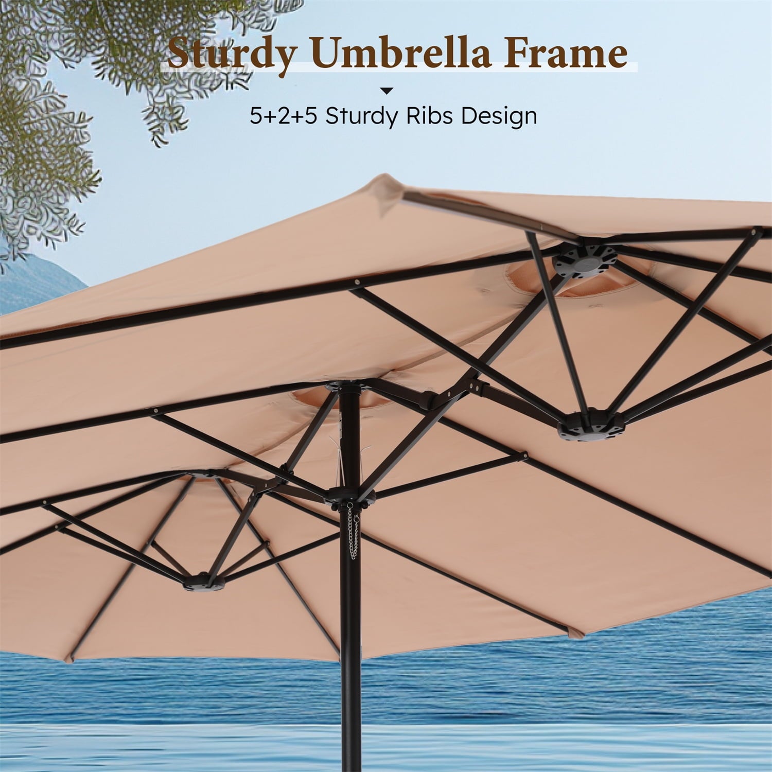 SUMMIT LIVING 15 ft Large Patio Umbrella with Base (Included) Double-Sided Rectangular Outdoor Deck Umbrella for Outside - Beige