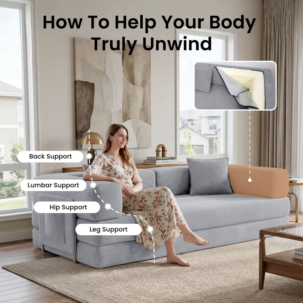 BELHOME 5-in-1 Convertible Sofa Bed, 78.8 Sleeper Sofa Boneless Couch with Side Pockets, Folding Floor Sofa Compression Sofa for Living Rooms No Assembly Required