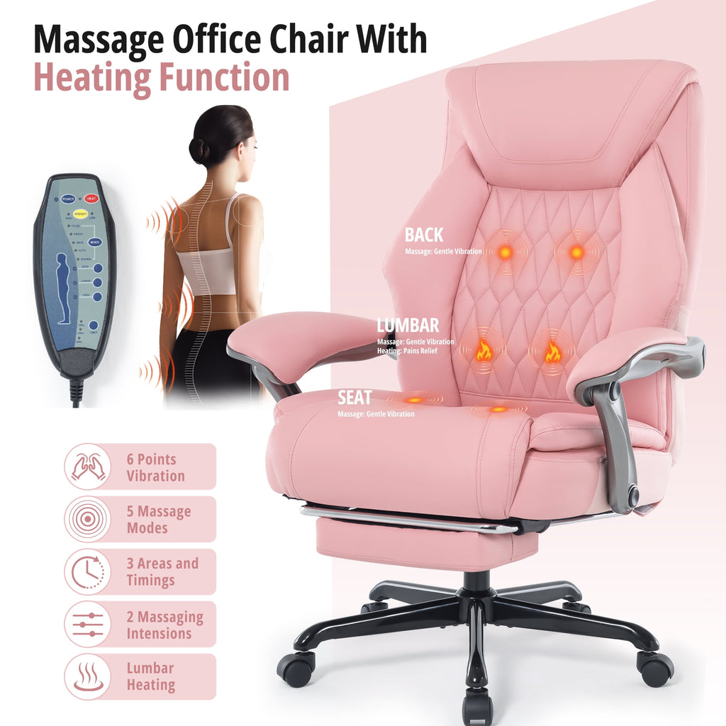 Heated Massage Office Chair with 6 Points Vibration, Reclining Ergonomic Desk Chair with Footrest for Extra Comfort, PU Leather High Back Executive Computer Chair, Thick Padded Massage Chair