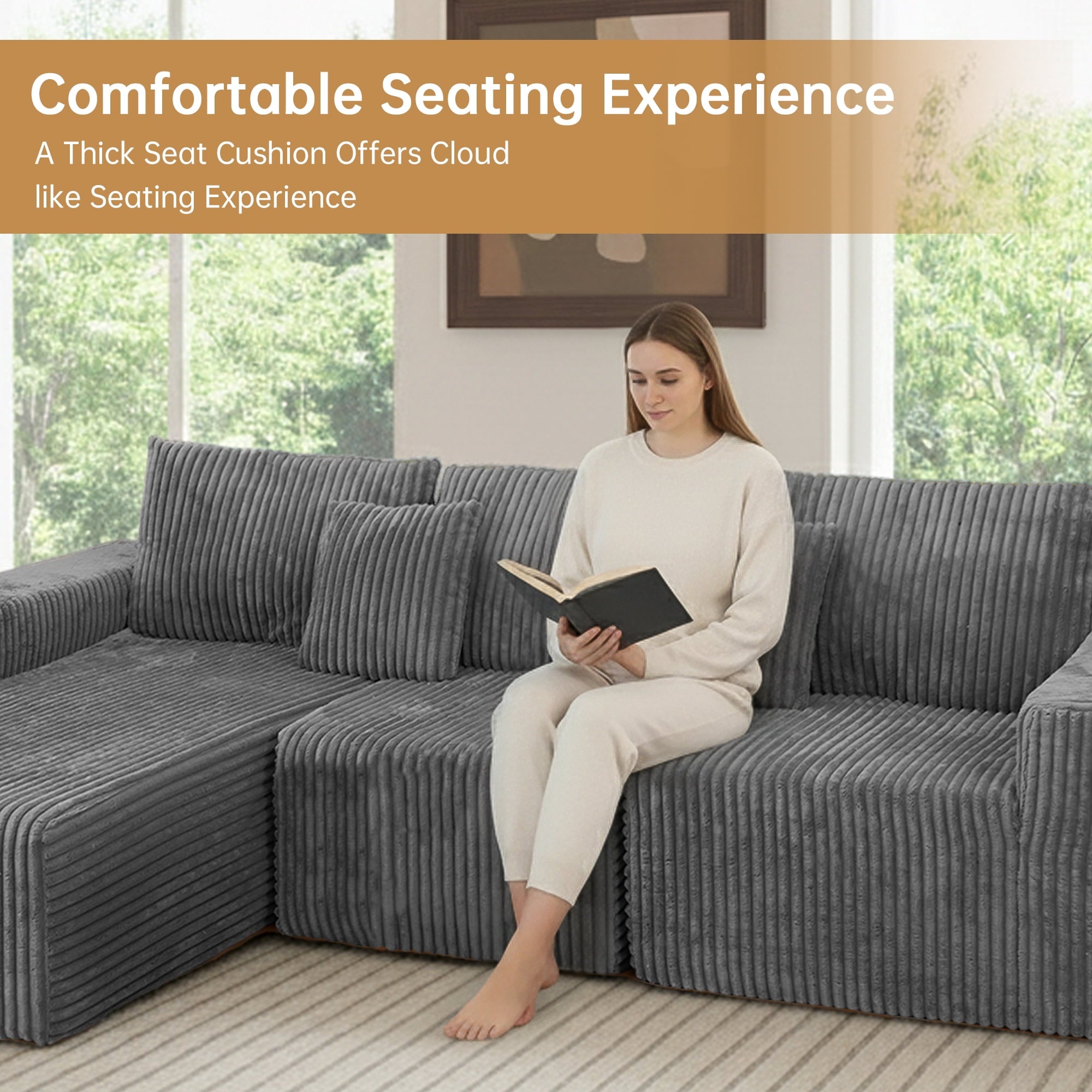 SOULART 138.5 U Shaped Sectional Couch,Gray Cloud Boneless Sofa For Living Room,Plush Corduroy Couches With Deep Seat Chaise Lounge,No Assembly Required