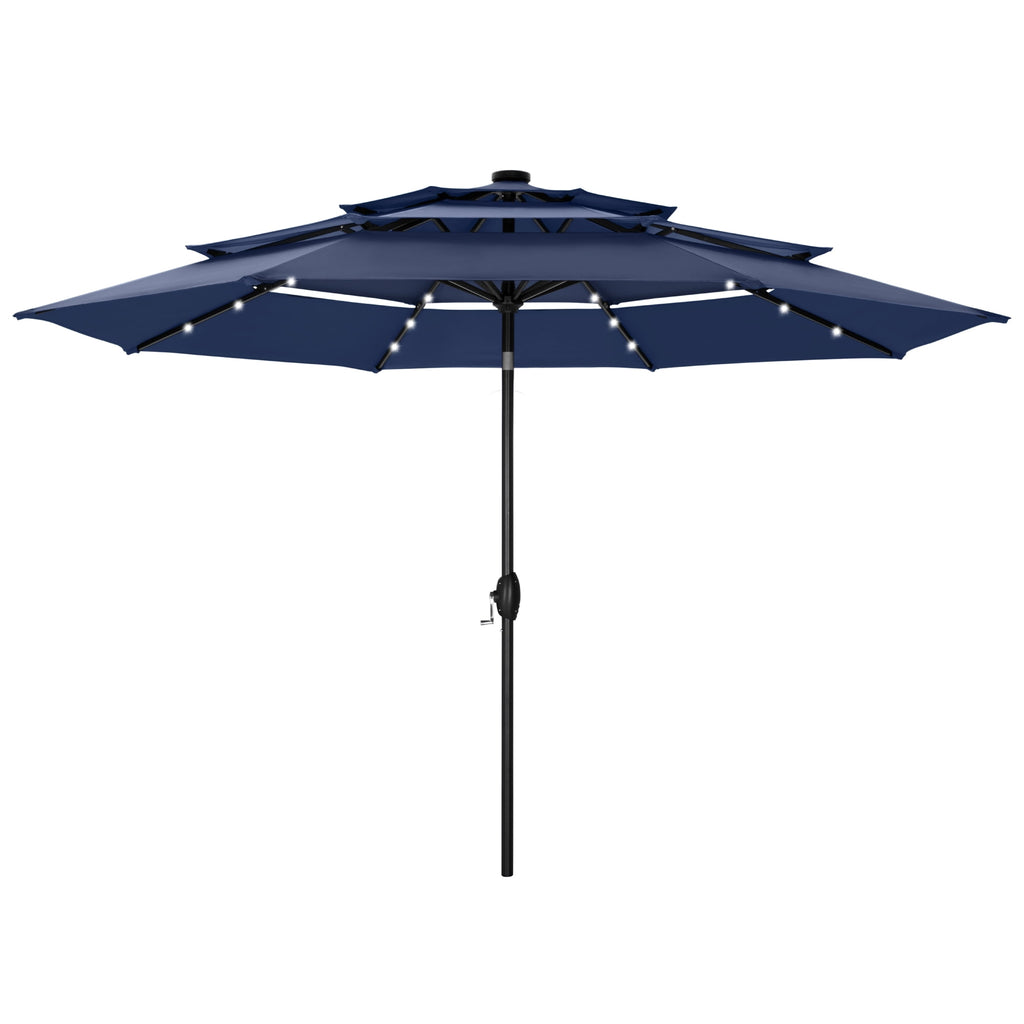 Summit Living 10ft Patio Umbrella with Solar Lights 3-Tier Vented Outdoor Market Umbrella with Auto-Tilt – Beige