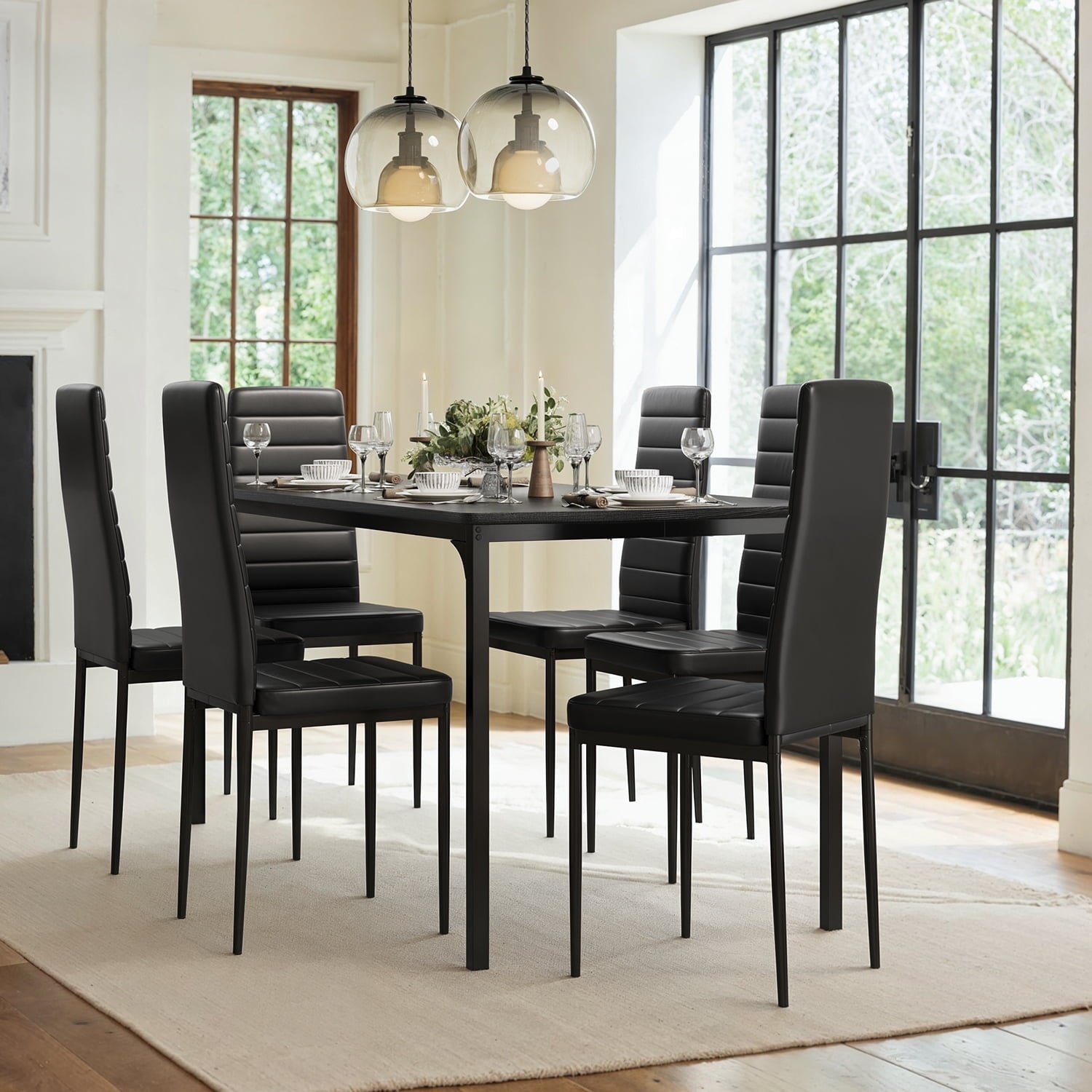 7 Piece Dining Table Set for 6, Kitchen Dining Room Furniture with 6 PU Leather Upholstered Chairs, Suitable for Apartment Small Space, Black