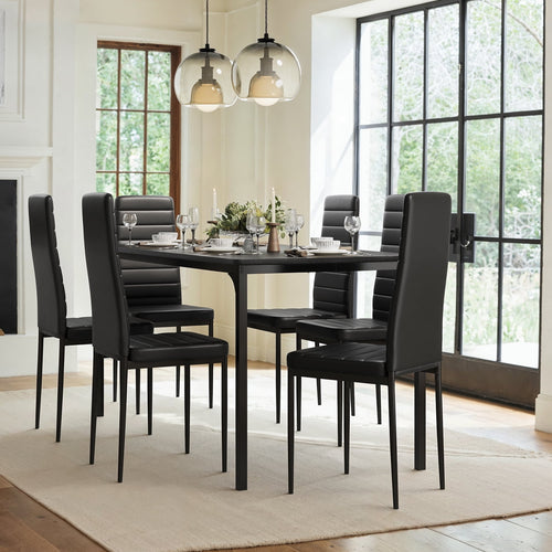 7 Piece Dining Table Set for 6, Kitchen Dining Room Furniture with 6 PU Leather Upholstered Chairs, Suitable for Apartment Small Space, Black