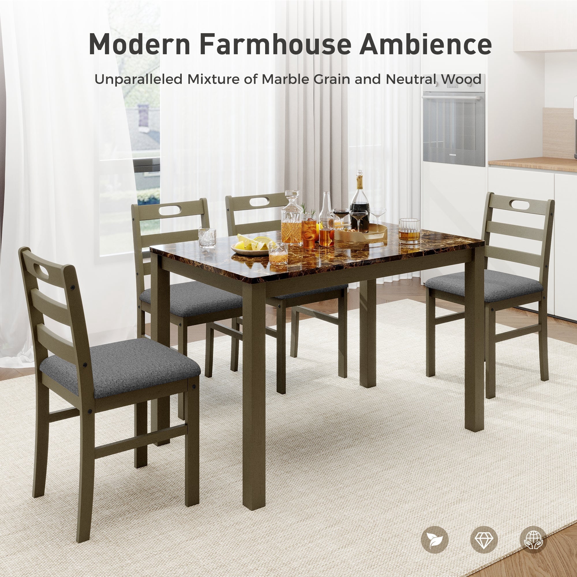 Alpha Joy Farmhouse Dining Table Set for 4 Solid Wood Kitchen Chairs and Table Set, Walnut & White