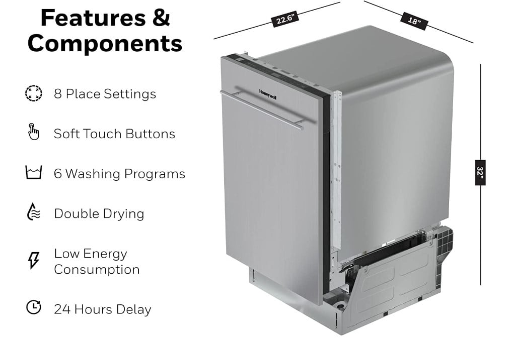 Honeywell 18 inch Dishwasher with 8 Place Settings, 6 Washing Programs, Stainless Steel Tub