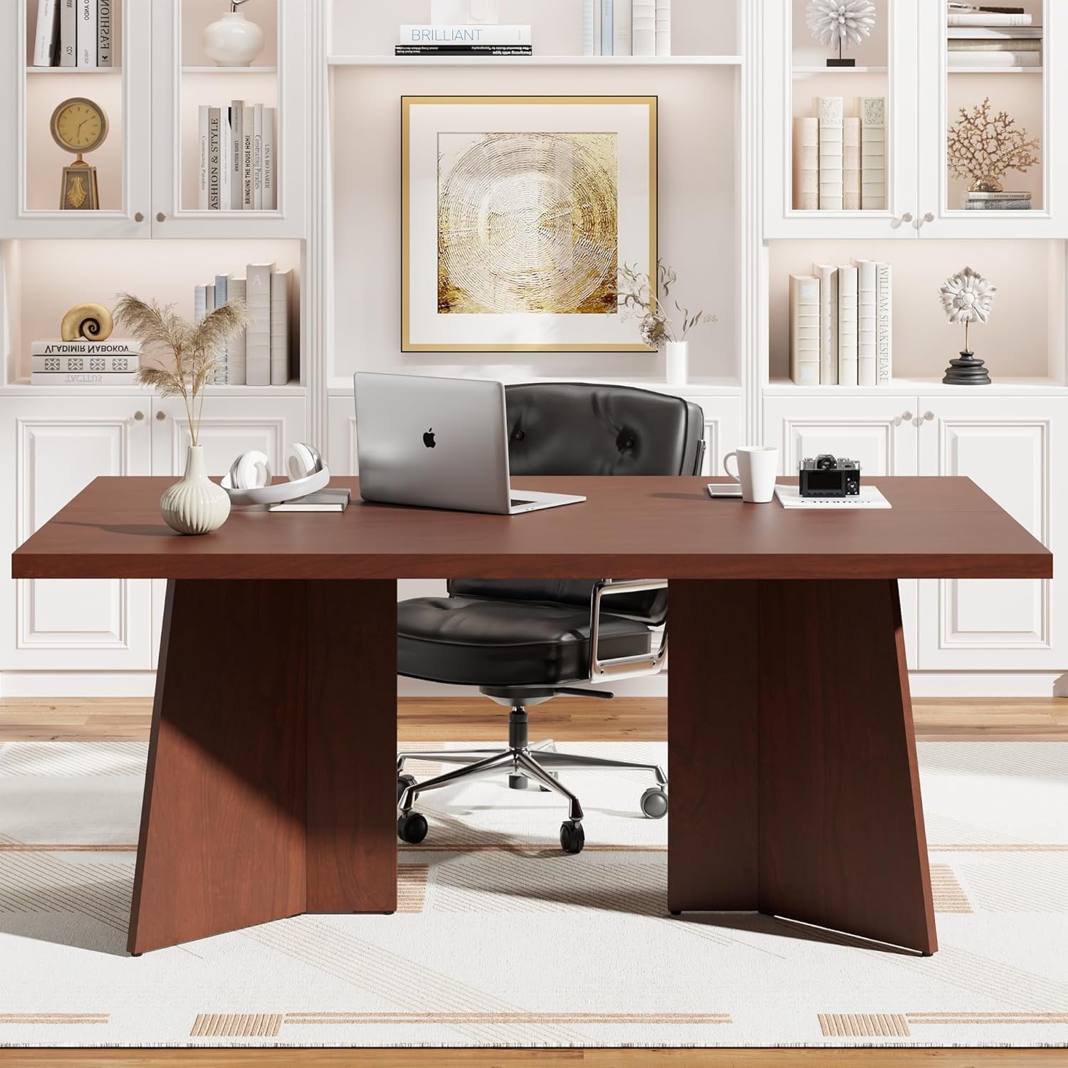 Dining Table for 6-8 People - 63 Modern Long Kitchen Table with Large Tabletop & Heavy Duty Pedestal Legs, Dinner Table for Kitchen, Conference Room, Home, Walnut