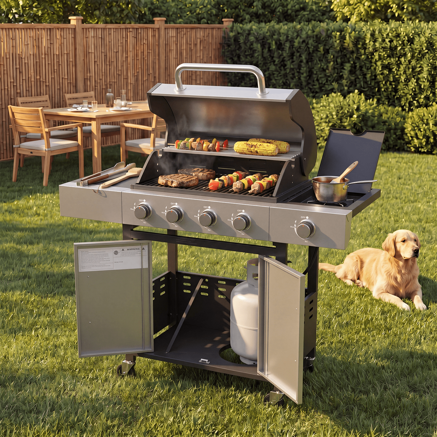 Clouddwell 4 Burner Gas Propane Grill, with 4 Casters, Side Table, and Thermometer, Patio Garden BBQ Grill Perfect for Camping, Black and Silver