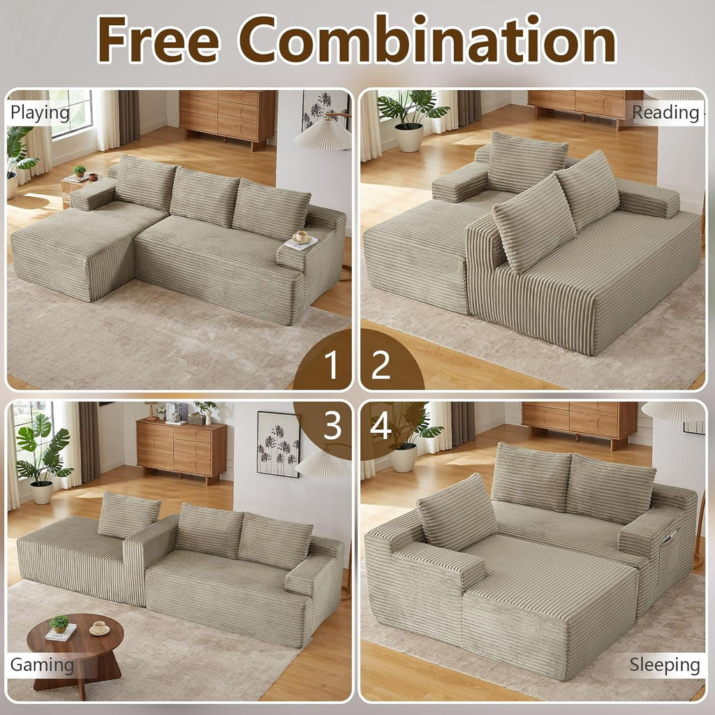 96 Boneless Cloud Couch with Chaise, Modular Sectional Sofa for Living Room, No Assembly Required, Deep Seat Corduroy Couch, Green