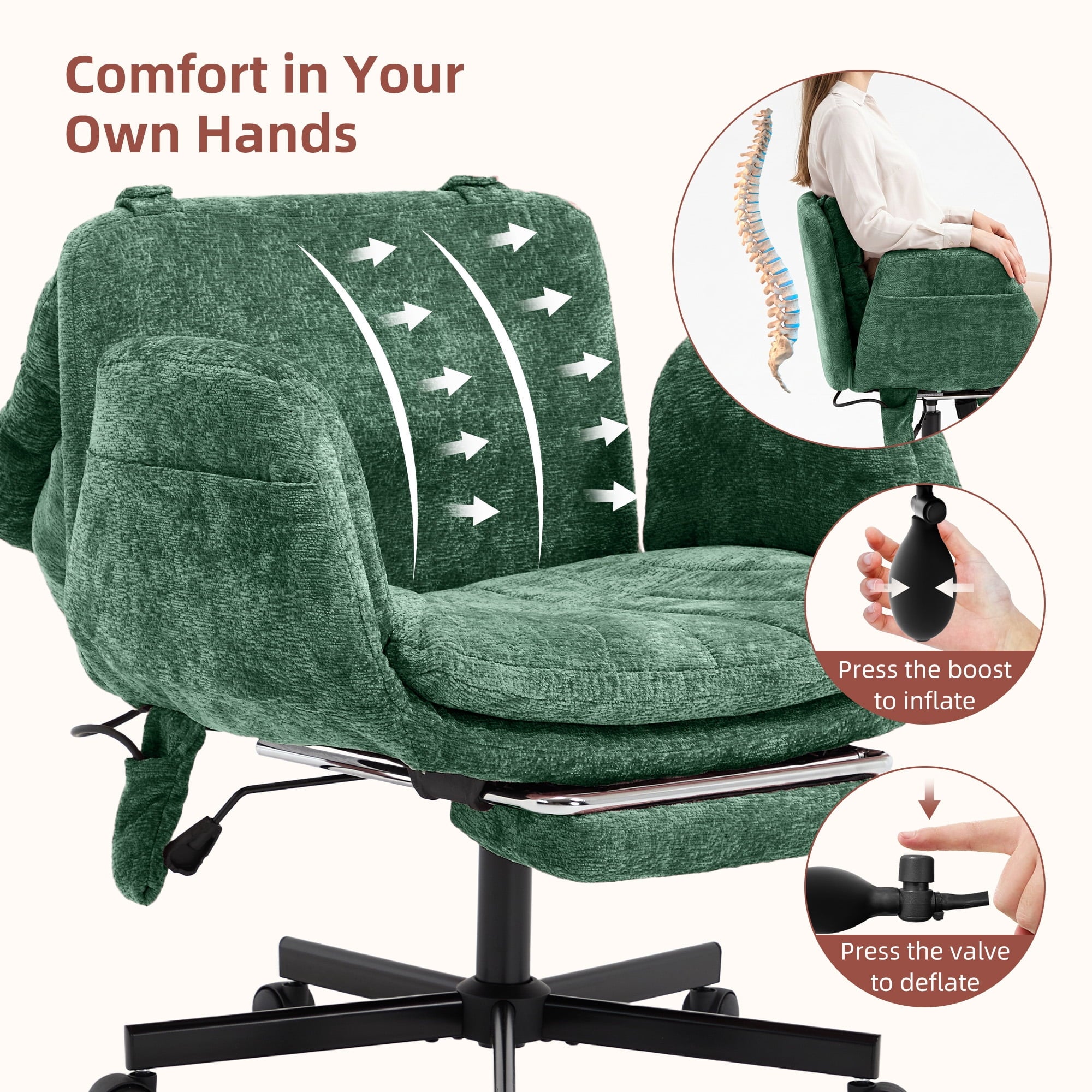Hforesty Cross Legged Office Chair, Inflatable Flip-up Back & Wide Seat, 5-Position Armrests & Footrest, Ergonomic Task Chair for Home Office, Gray