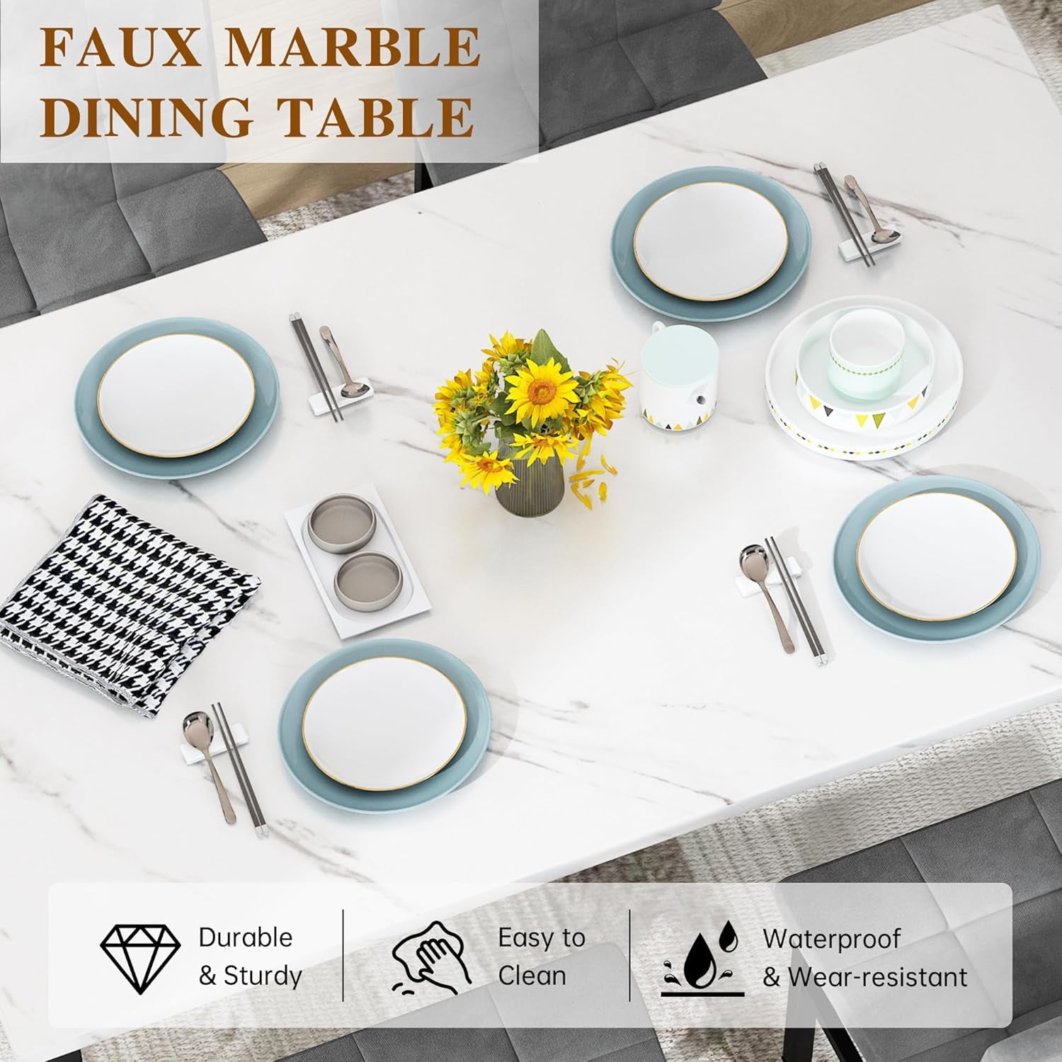 LinkRomat 5-Piece Faux Marble Dining Table Set for 4, Modern Kitchen Table with Chairs, Dinette Dining Room Furniture Set for Compact Space Saving