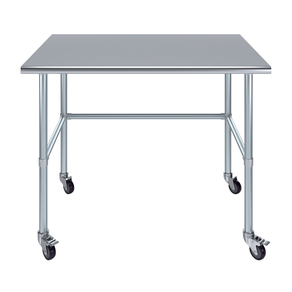 AmGood 36 Long x 30 Deep Stainless-Steel Work Table with Open Base and Wheels, Mobile Metal Table