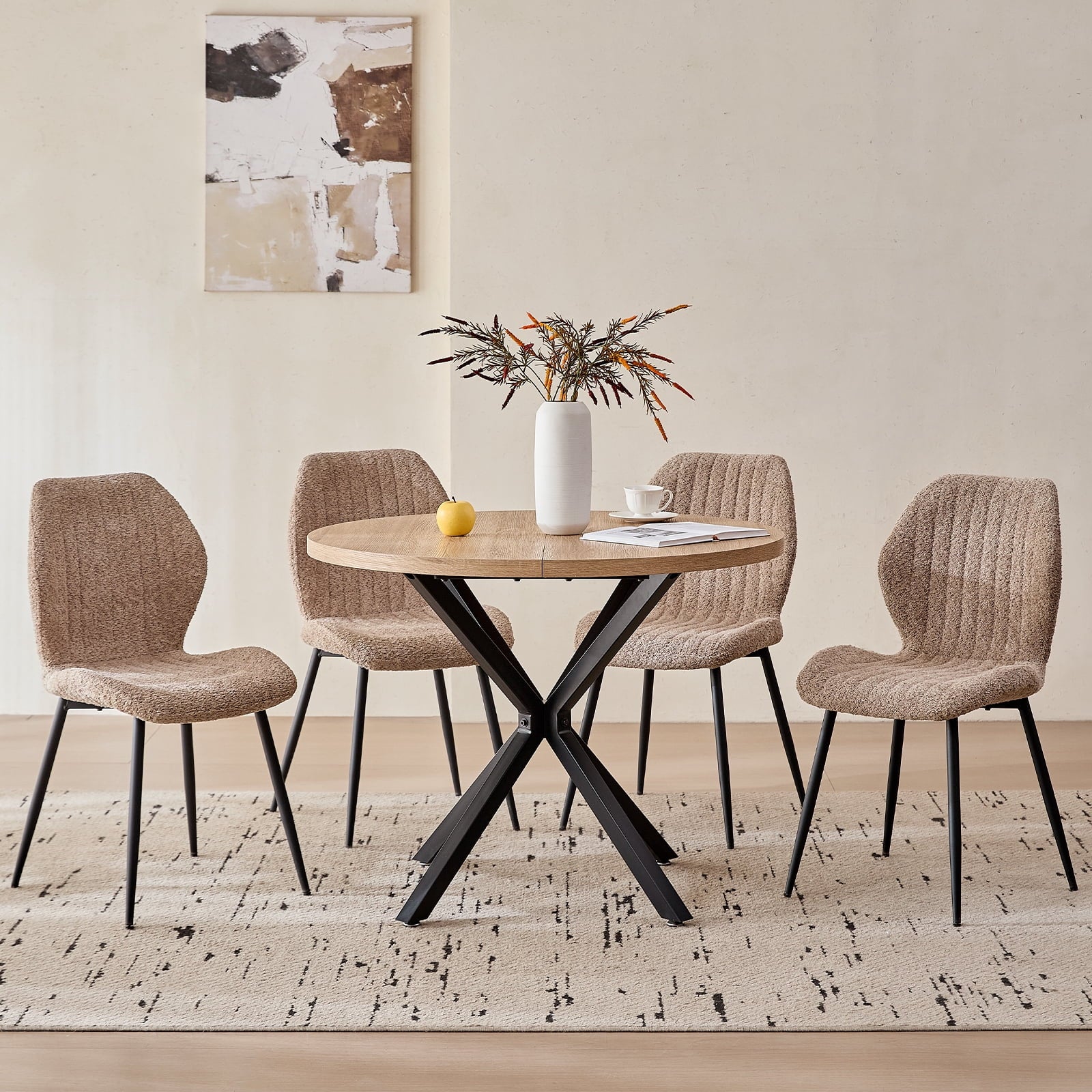 5 Piece 39 Round Dining Table Set for 4, Mid Century Kitchen Table with 4 Khaki Fabric Upholstered Dining Chairs for Apartment Living Room, Space Saving Table.