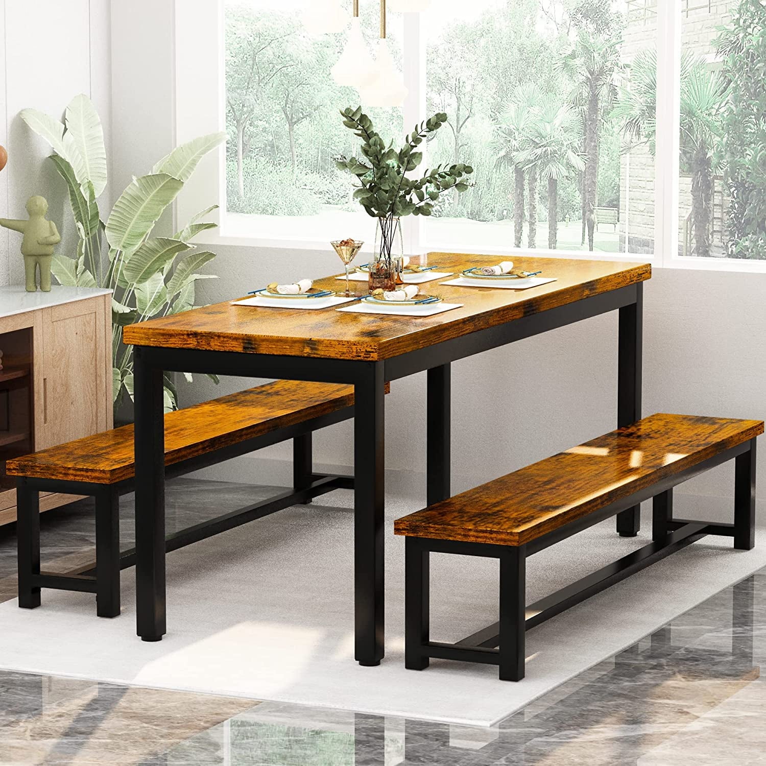 MIERES Kitchen Dining Set: Rectangular solid wood dining table with two benches, suitable for 2 to 4 people, small dining set, black