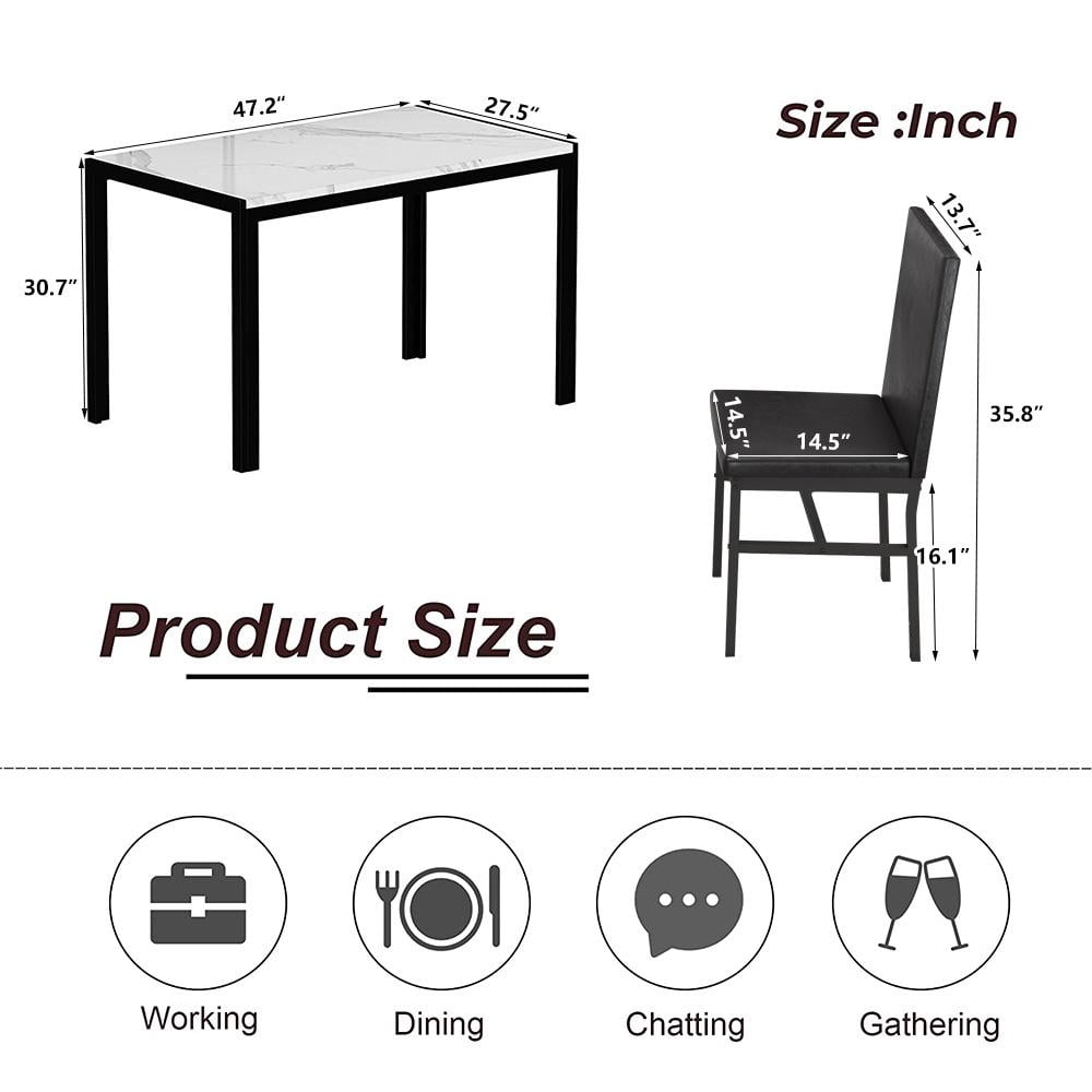 5 Piece Dining Table Set, Modern Faux Marble Tabletop and 4 PU Leather Upholstered Chairs, Rectangle Kitchen Table and Chairs for 4 Persons, Small Dining Set for Bar Dining Room Breakfast Nook