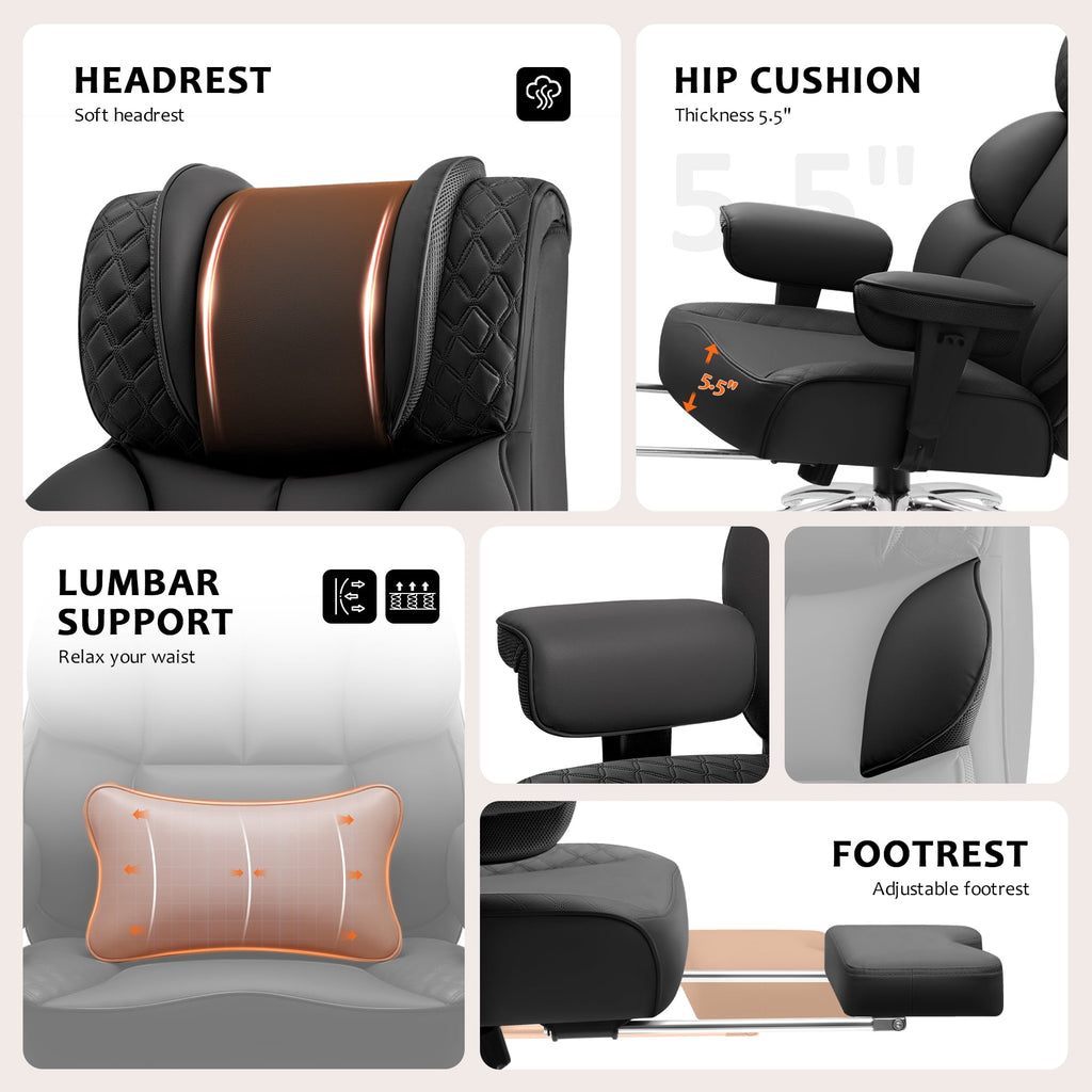 FASTES Office Desk Chair, Big and Tall Office Chair 400lbs Gaming Chair with Footrest, Ergonomic Executive High-Back Reclining Computer Chairs, Swivel Wheels and Lumbar Support, Black