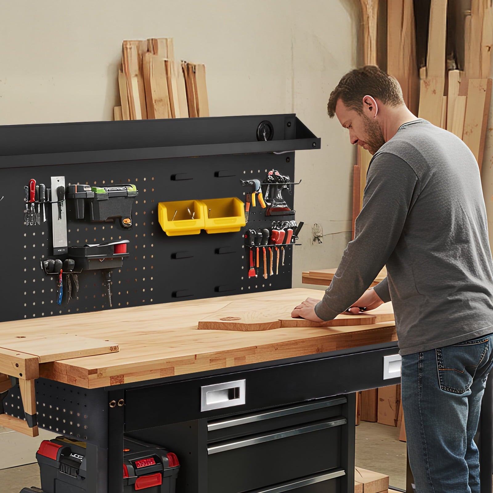 MUWOOD Multifunctional Workbench 60x22 with Pegboard Worktable w/ Power Outlets, LED, Work Bench For Garage max. 1500W Heavy Duty Workbench 2000lbs Weight Capacity