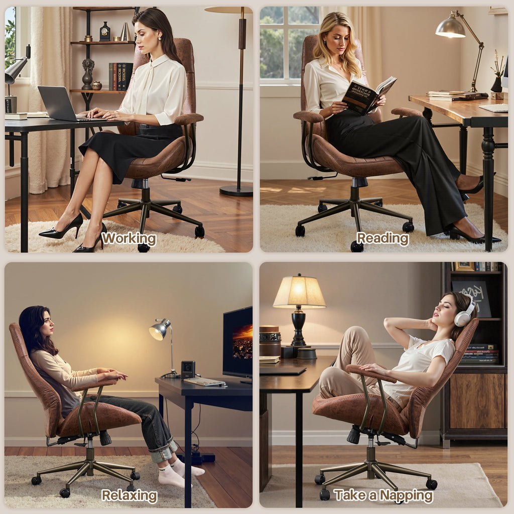 Toject Ergonomic Office Chair, High Back Big Comfy Home Office Chair with Lumbar Support, Mid-Century Modern Computer Executive Office Chair, Brown