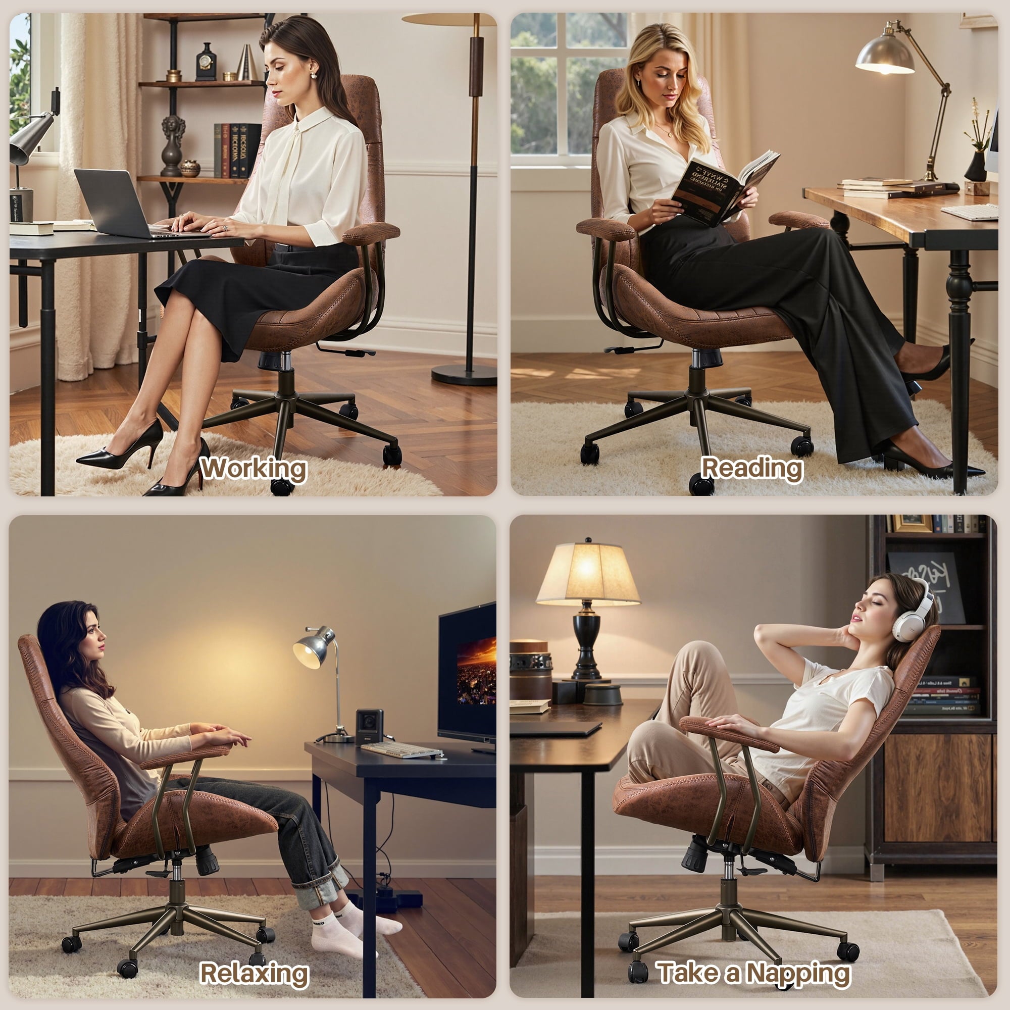 Toject Ergonomic Office Chair, High Back Big Comfy Home Office Chair with Lumbar Support, Mid-Century Modern Computer Executive Office Chair, Brown