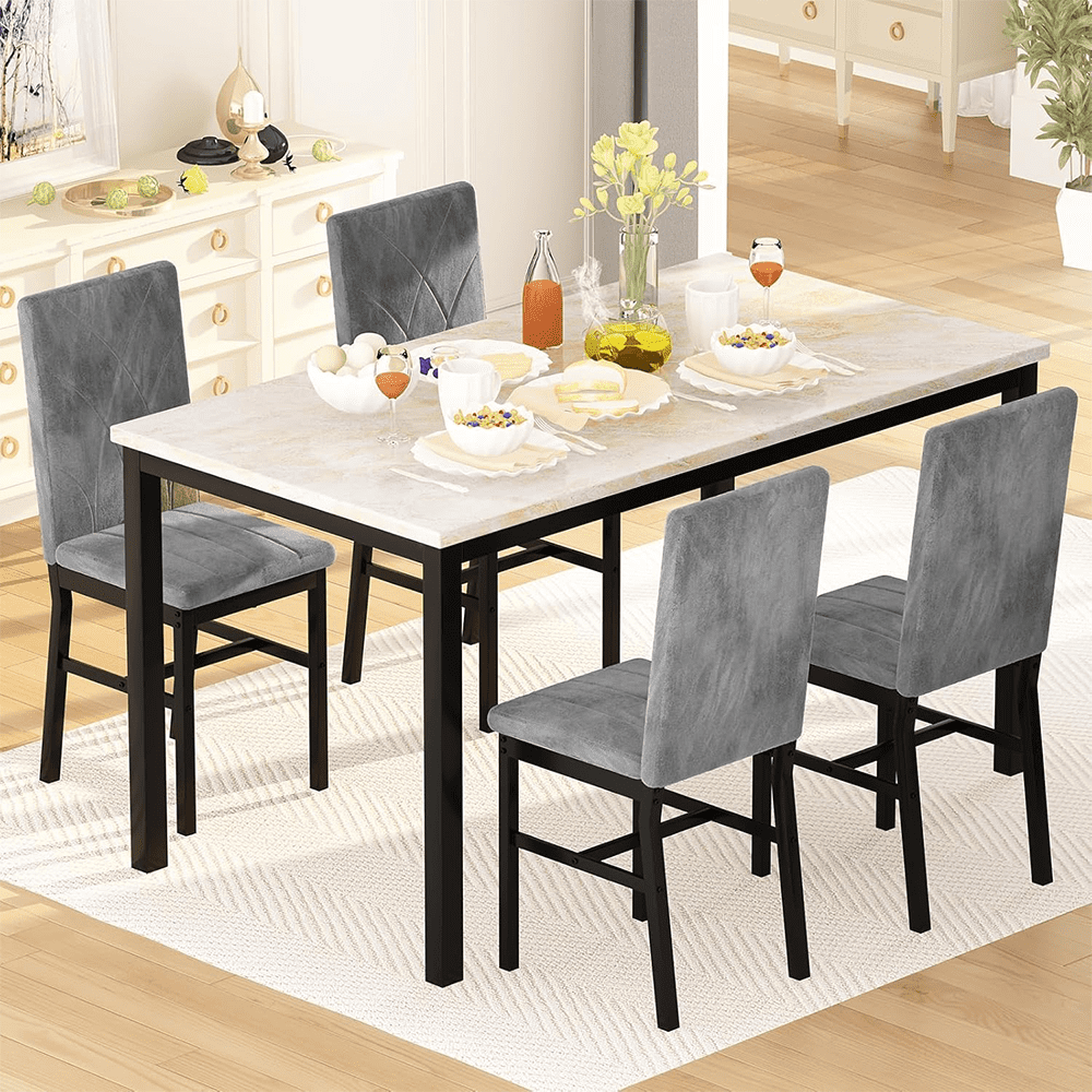 LinkRomat 5-Piece Faux Marble Dining Table Set for 4, Modern Kitchen Table with Chairs, Dinette Dining Room Furniture Set for Compact Space Saving
